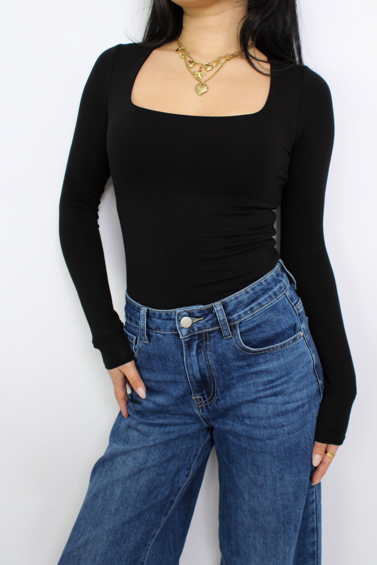 SQUARE LONG SLEEVE TOP - BLACK