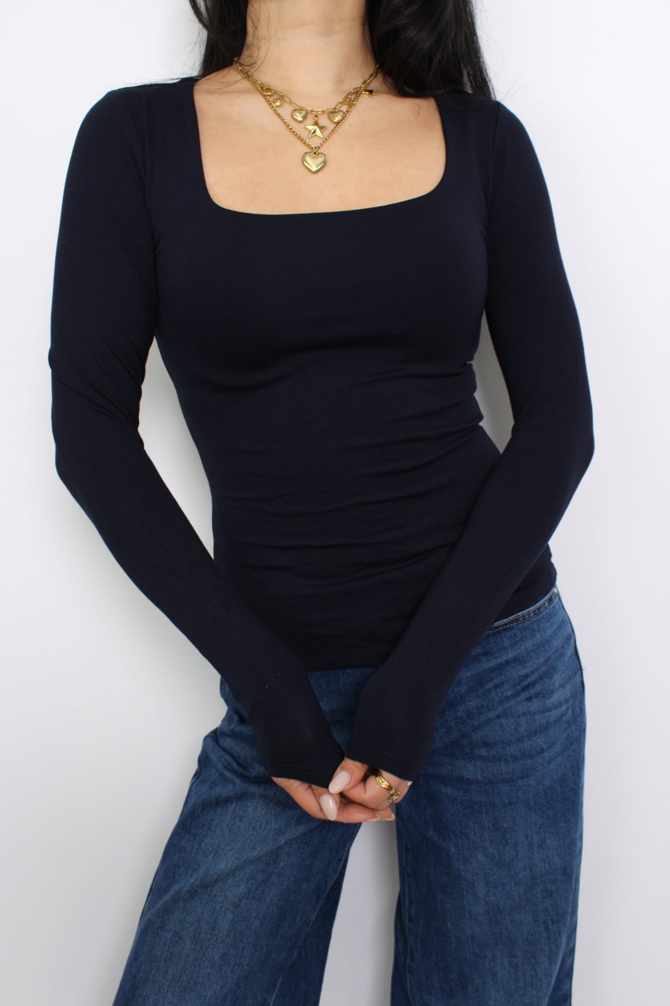 SQUARE LONG SLEEVE TOP - NAVY