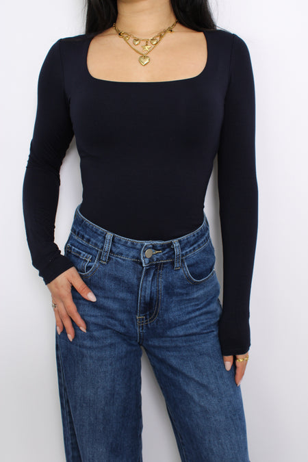 SQUARE LONG SLEEVE TOP - NAVY