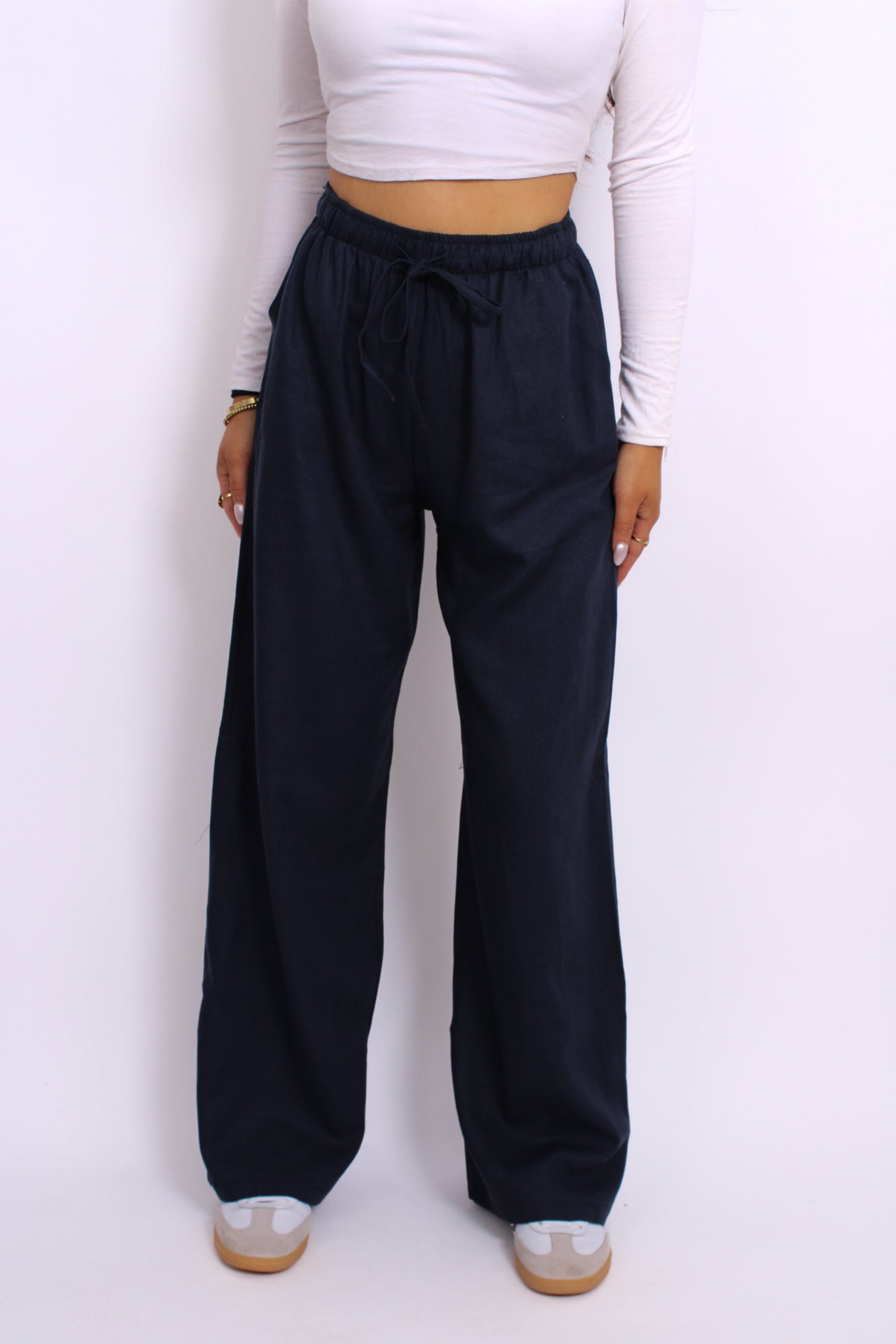 ''PETITE'' LINEN PANTS - NAVY