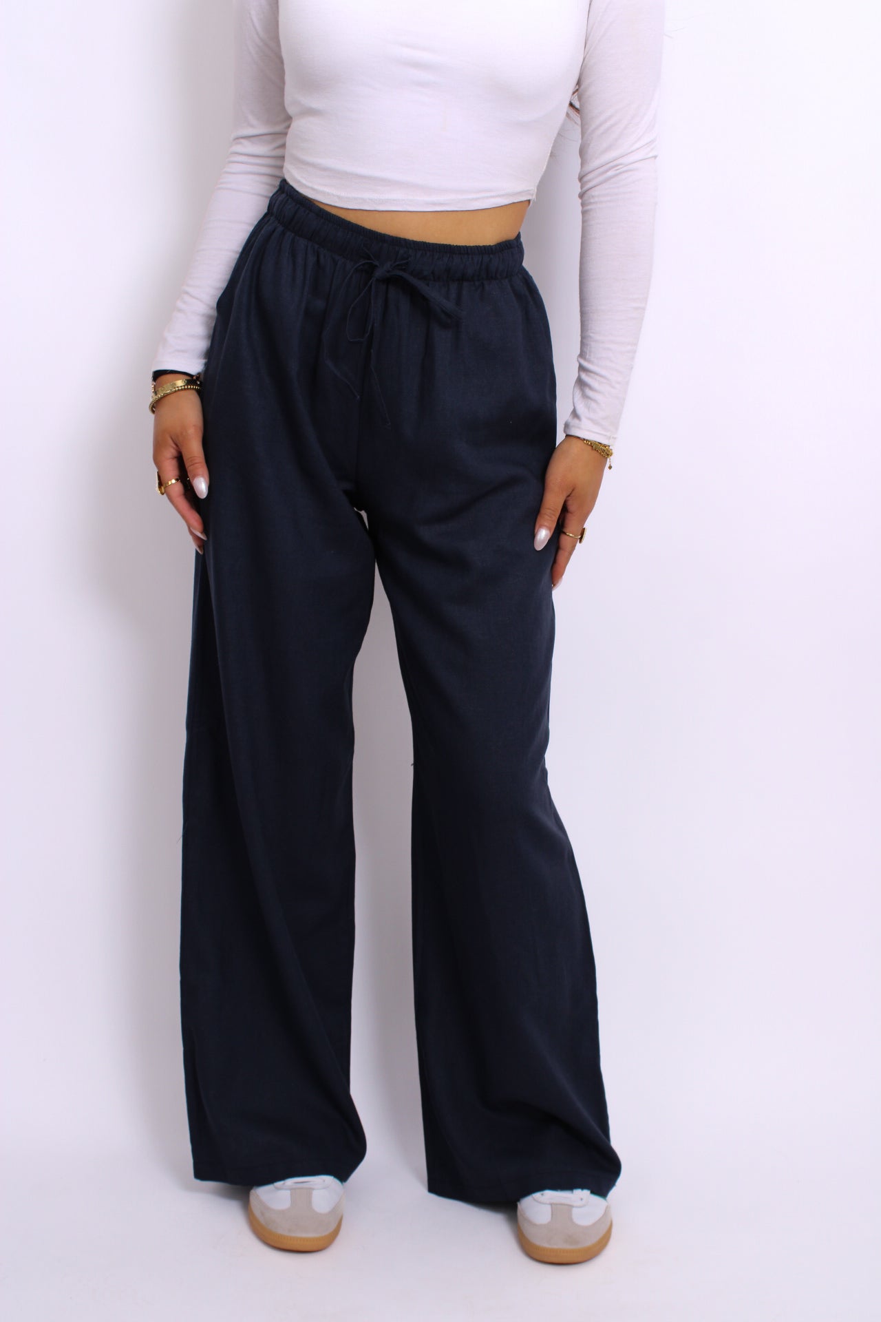 ''PETITE'' LINEN PANTS - NAVY