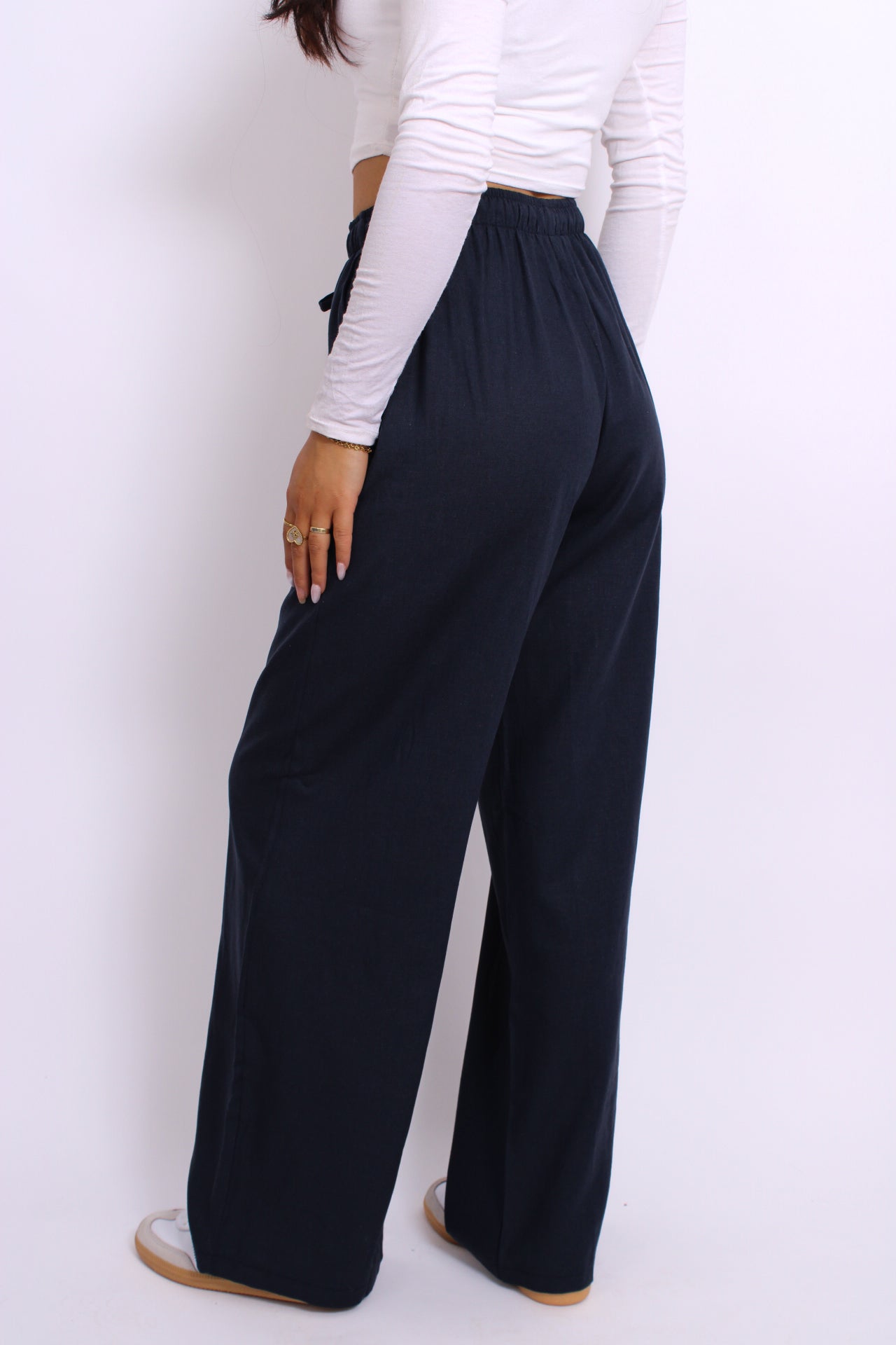''PETITE'' LINEN PANTS - NAVY