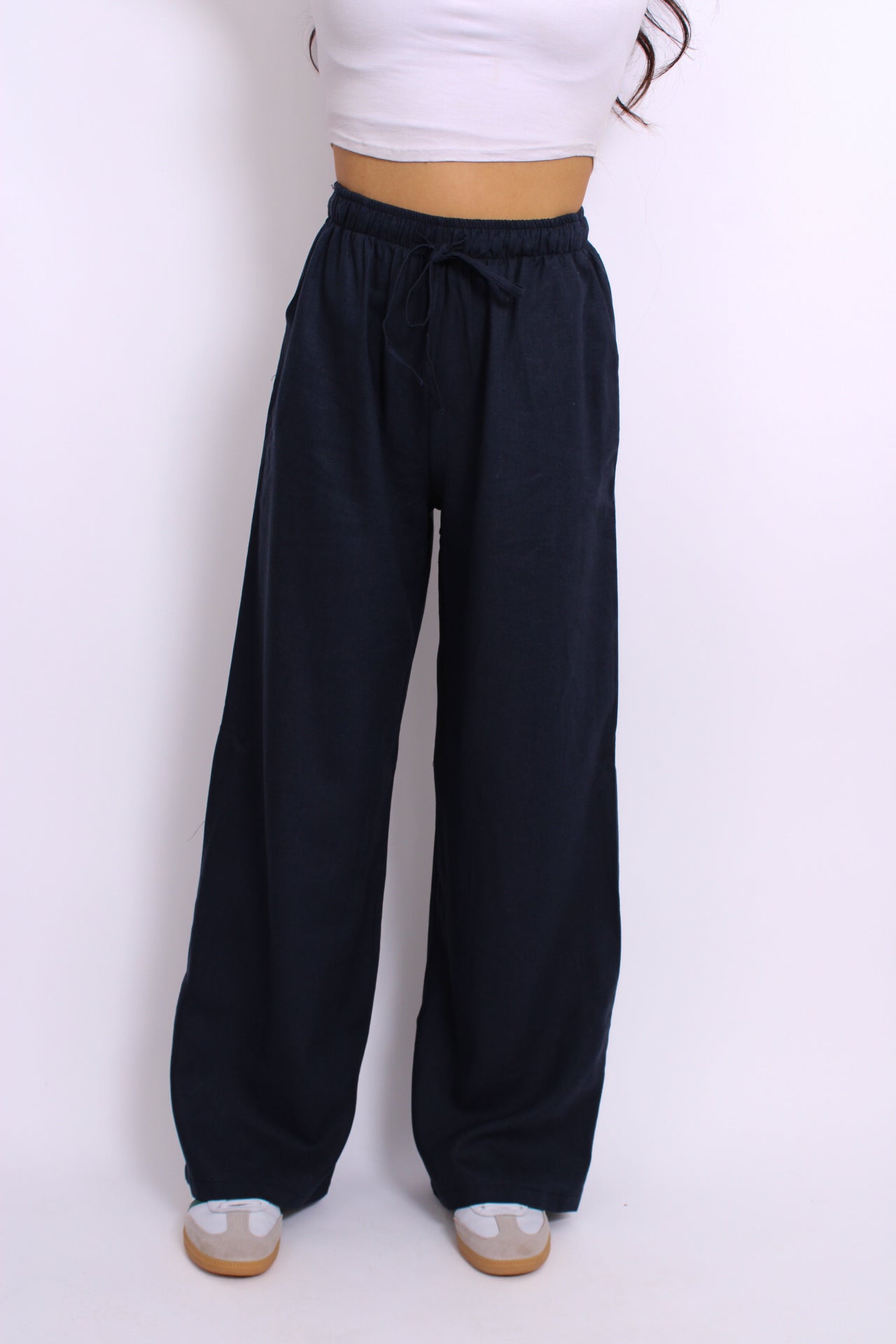''PETITE'' LINEN PANTS - NAVY