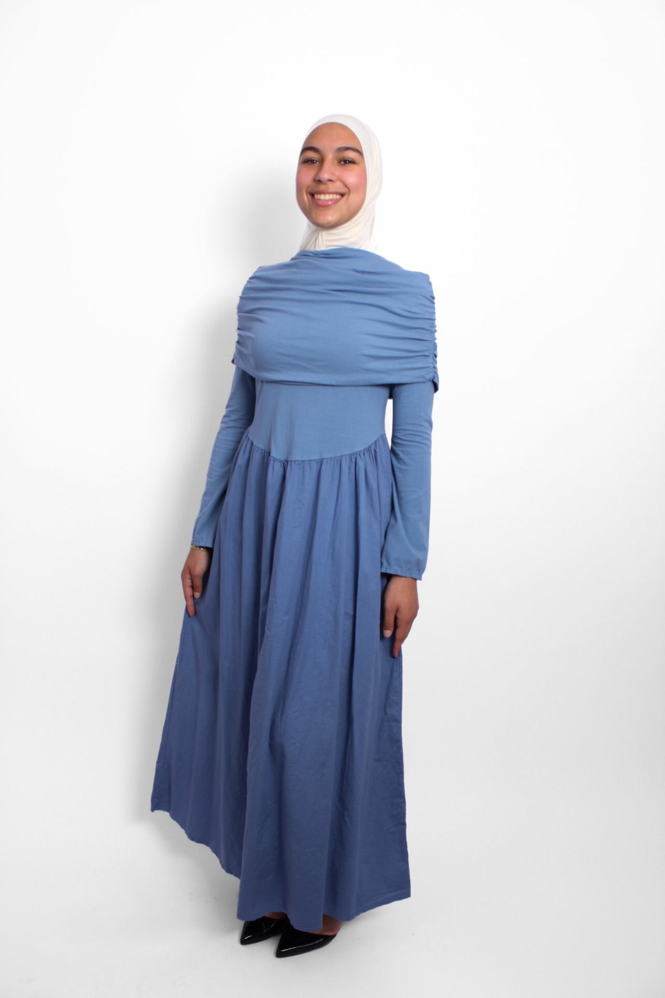 AYA OFF SHOULDER DRESS - DENIM BLUE