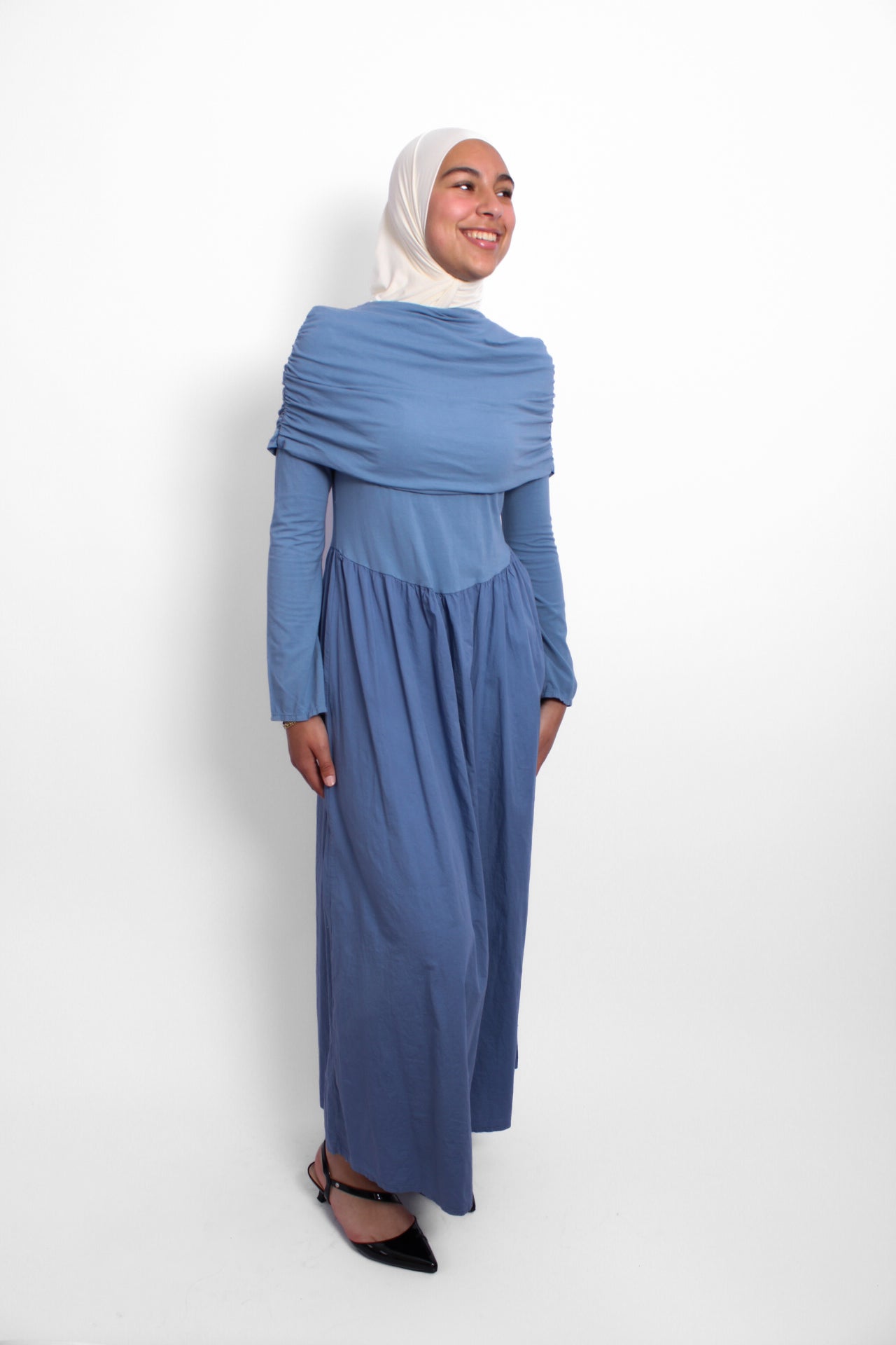 AYA OFF SHOULDER DRESS - DENIM BLUE