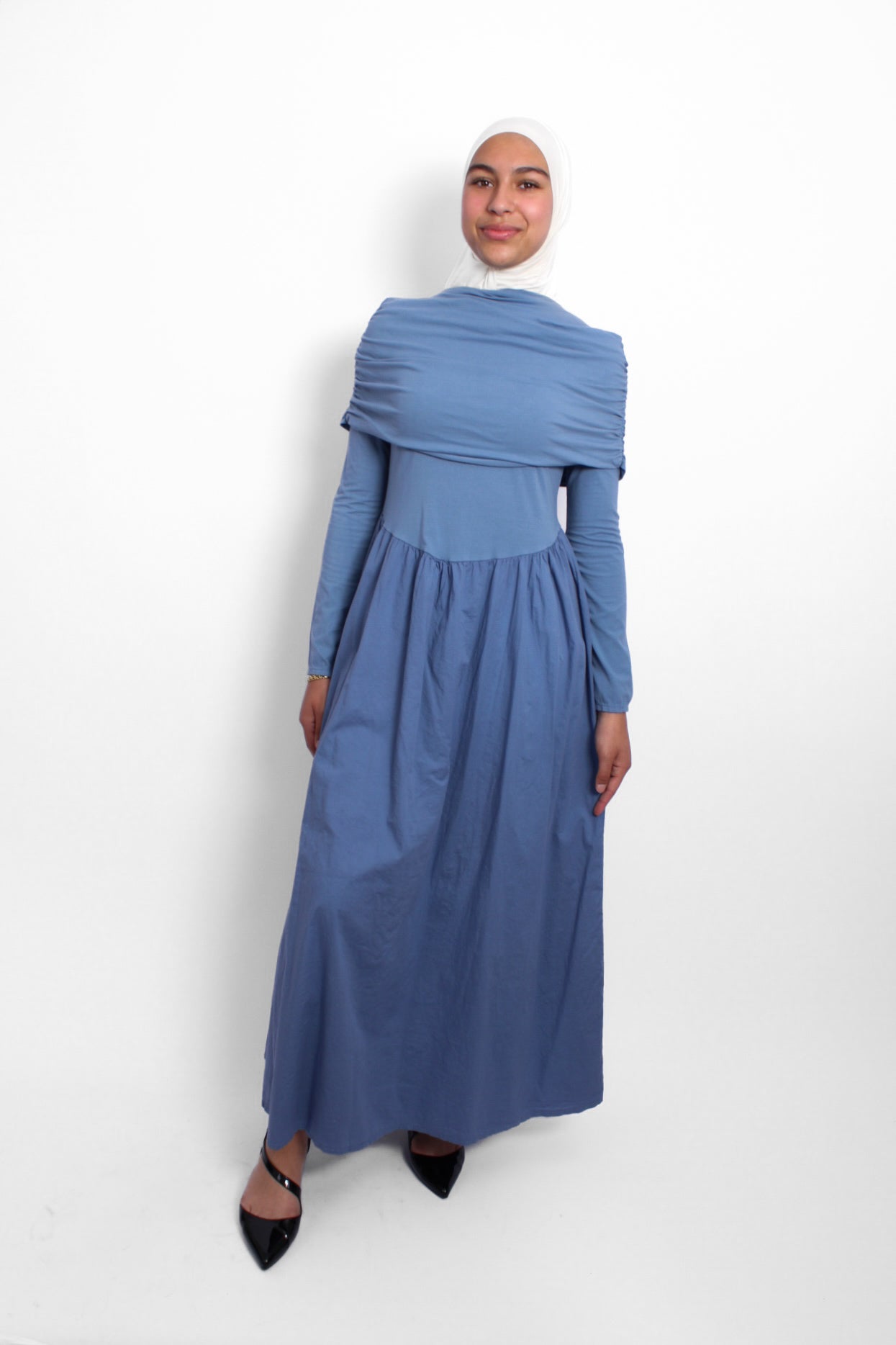 AYA OFF SHOULDER DRESS - DENIM BLUE