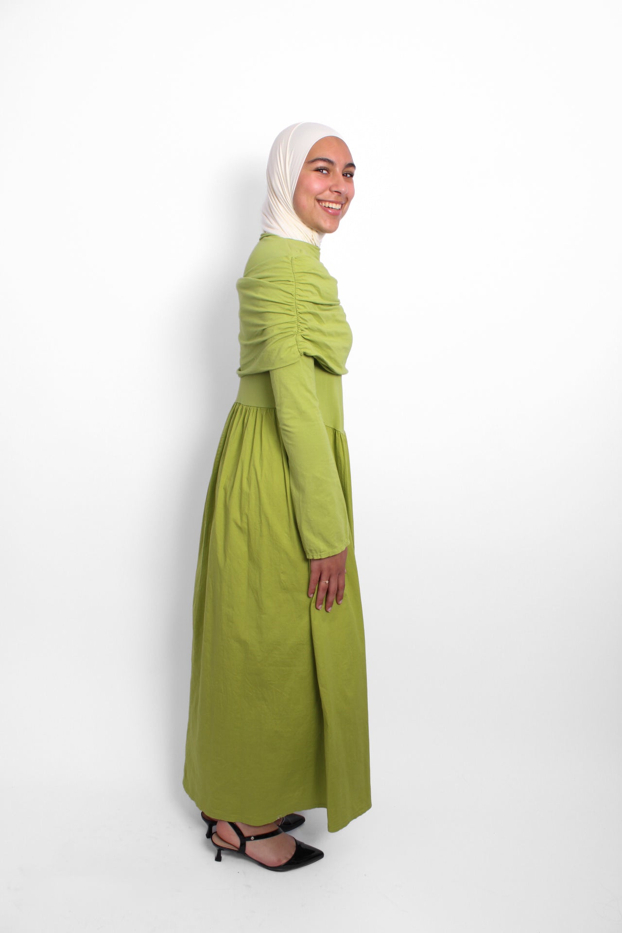 AYA OFF SHOULDER DRESS - PISTACHE
