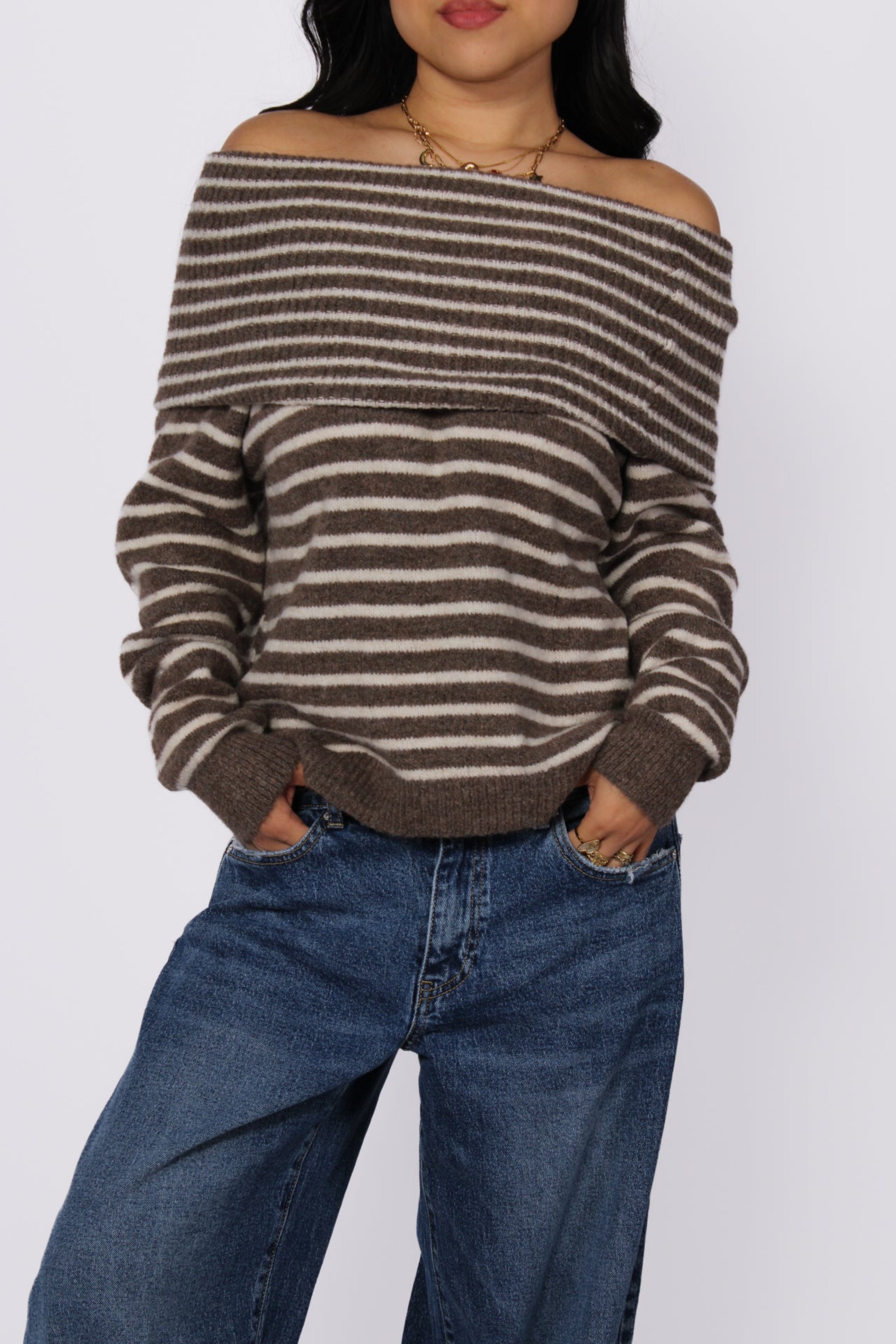 COZY STRIPES OFF SHOULDER KNIT - TAUPE