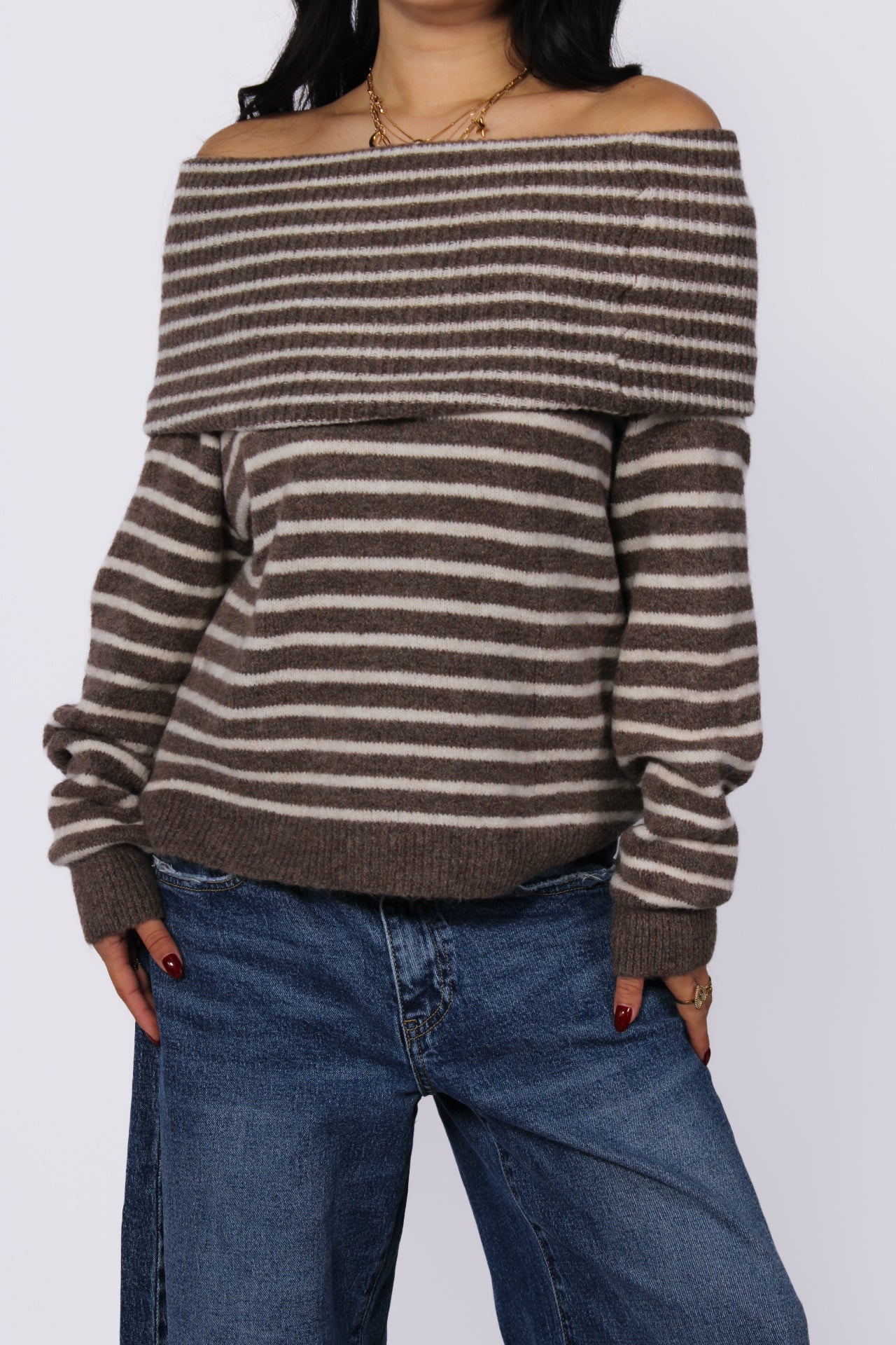 COZY STRIPES OFF SHOULDER KNIT - TAUPE