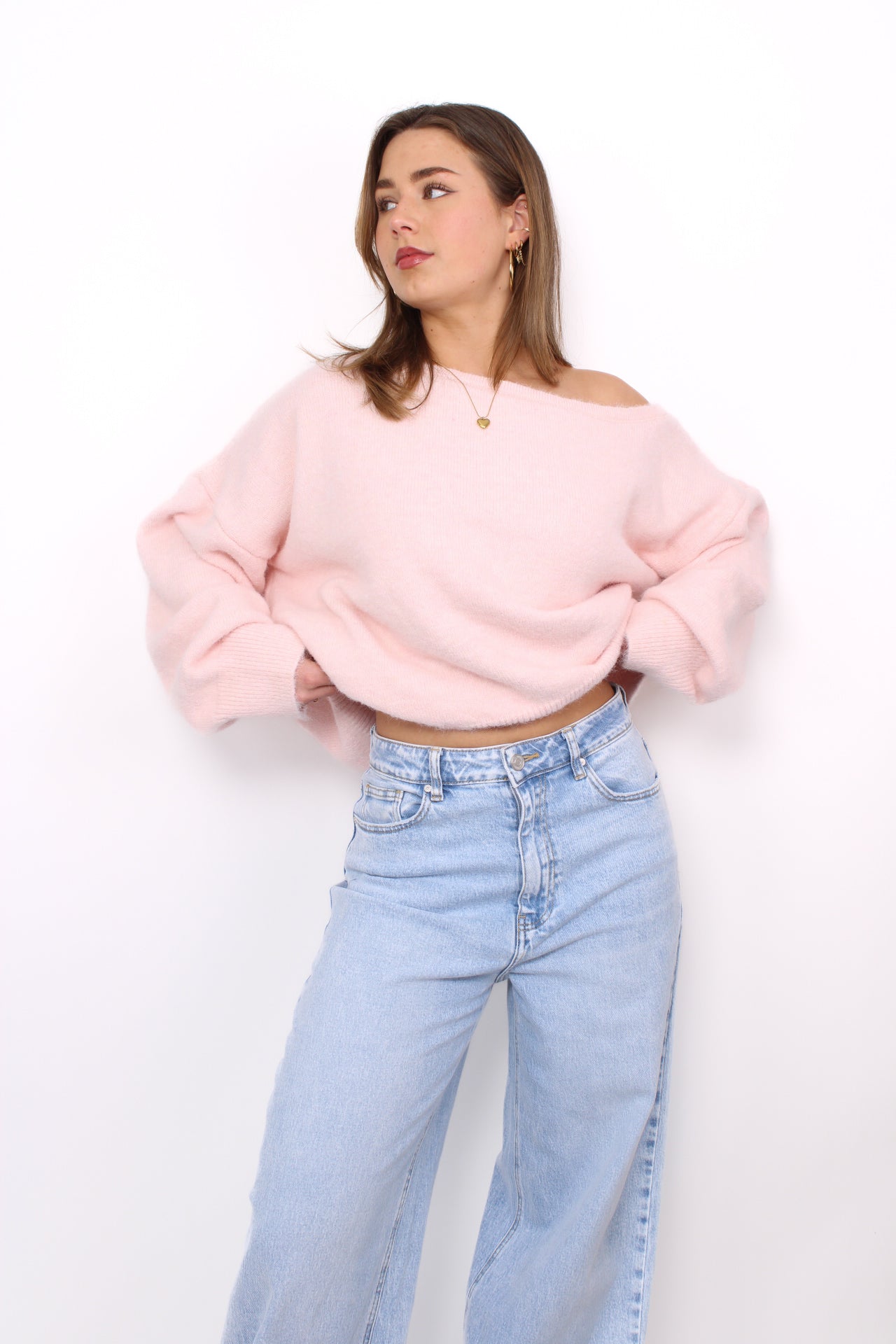 FLUFFY OFF SHOULDER SWEATER - LIGHT PINK