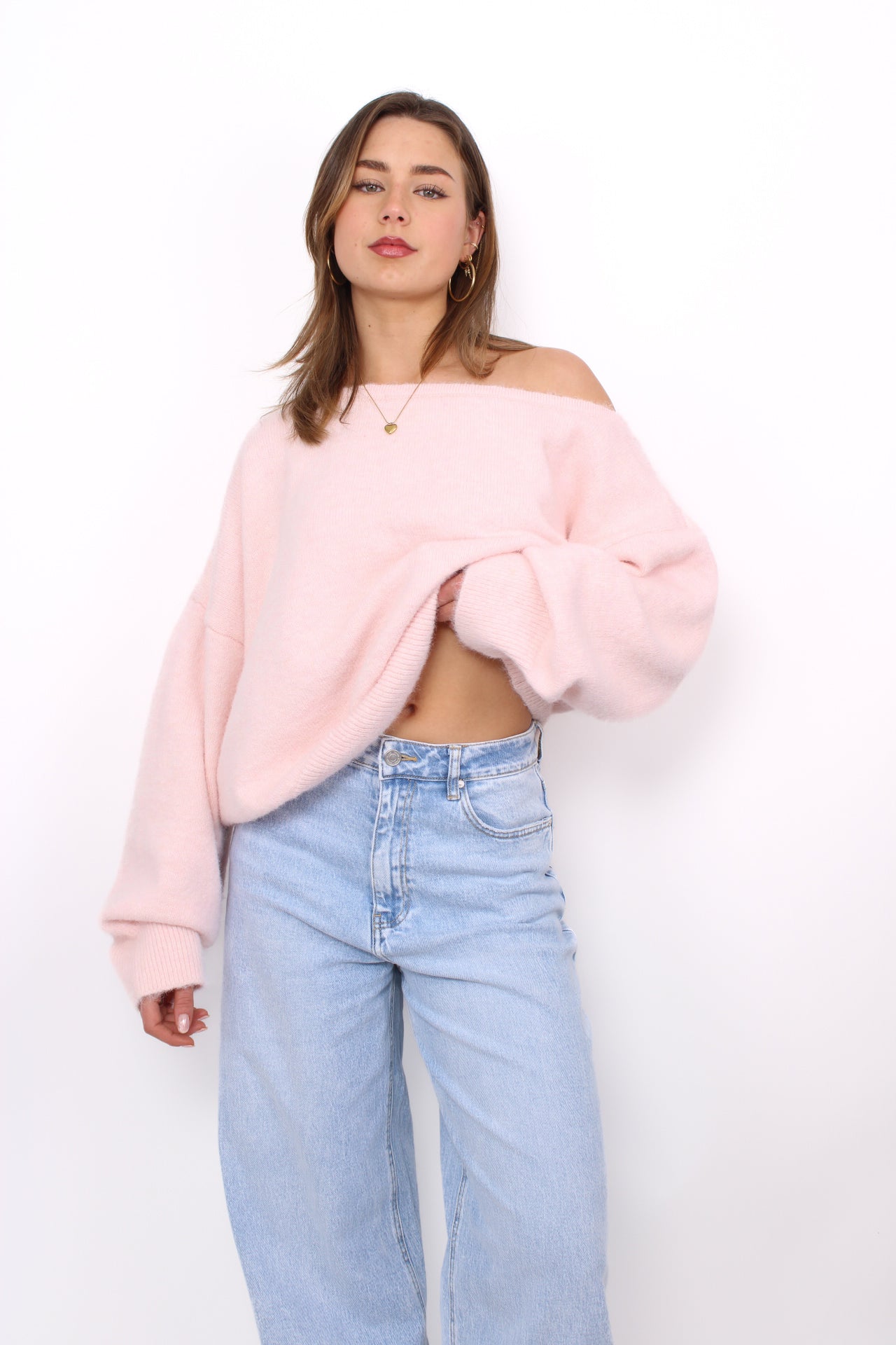 FLUFFY OFF SHOULDER SWEATER - LIGHT PINK
