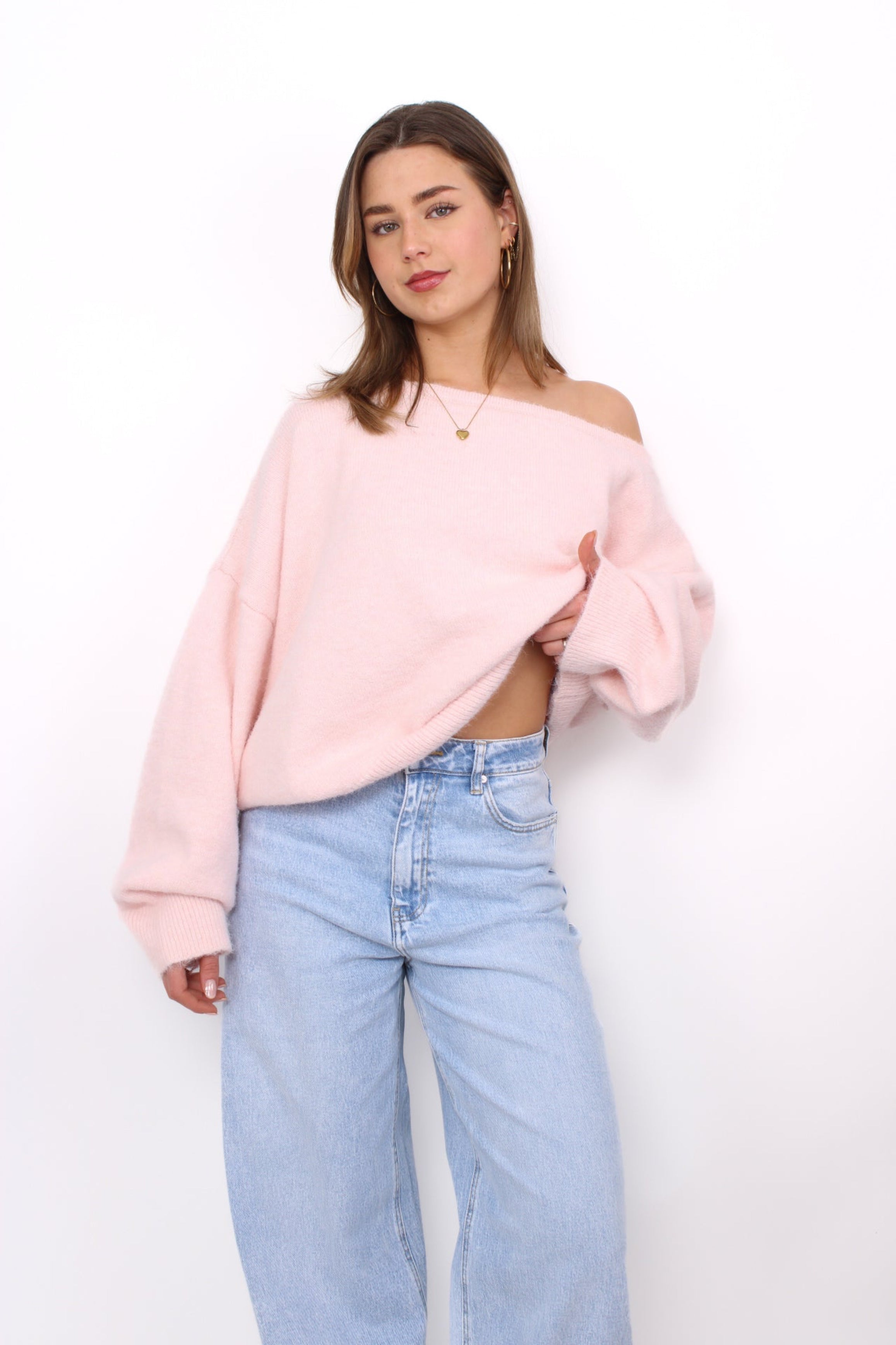 FLUFFY OFF SHOULDER SWEATER - LIGHT PINK