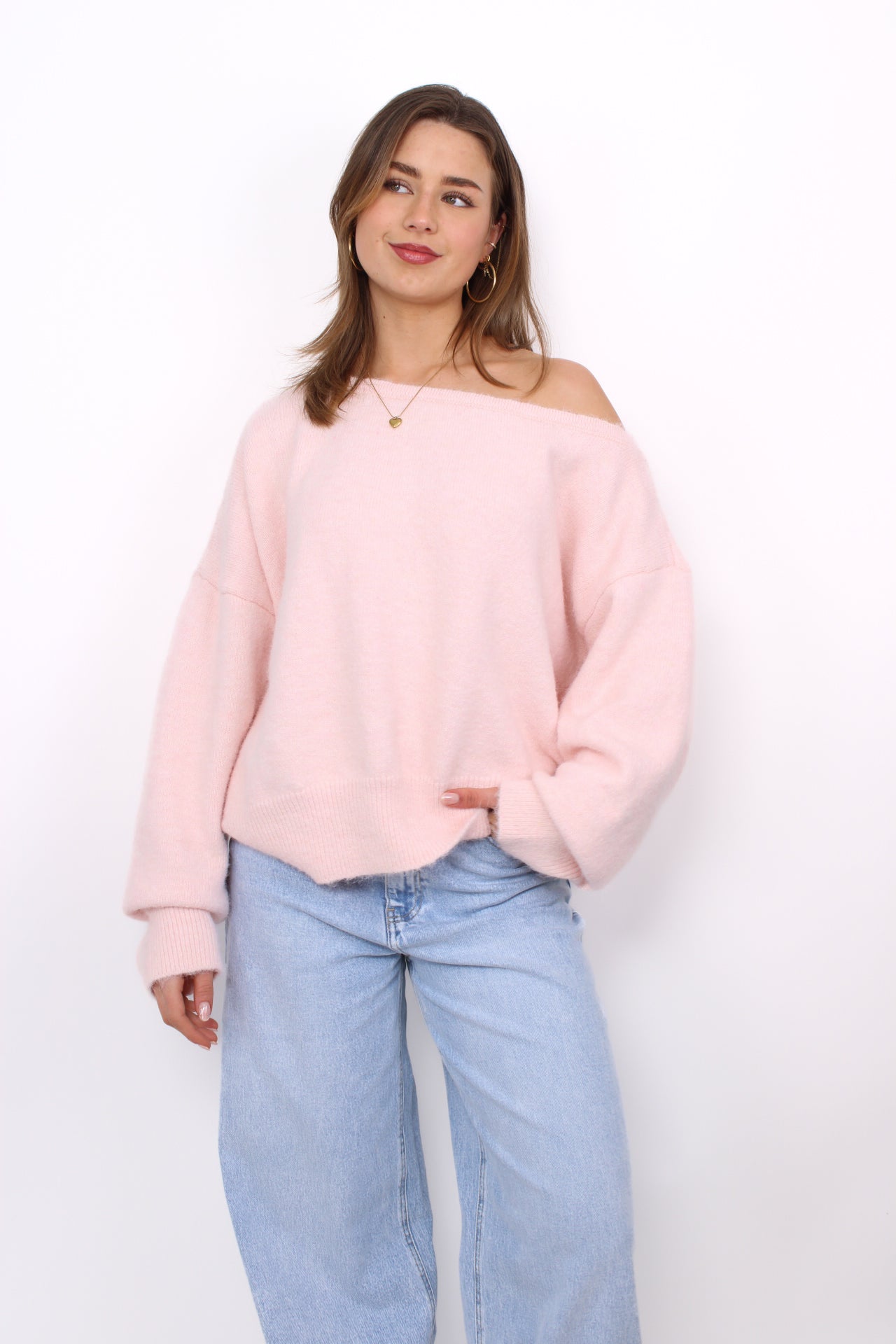 FLUFFY OFF SHOULDER SWEATER - LIGHT PINK