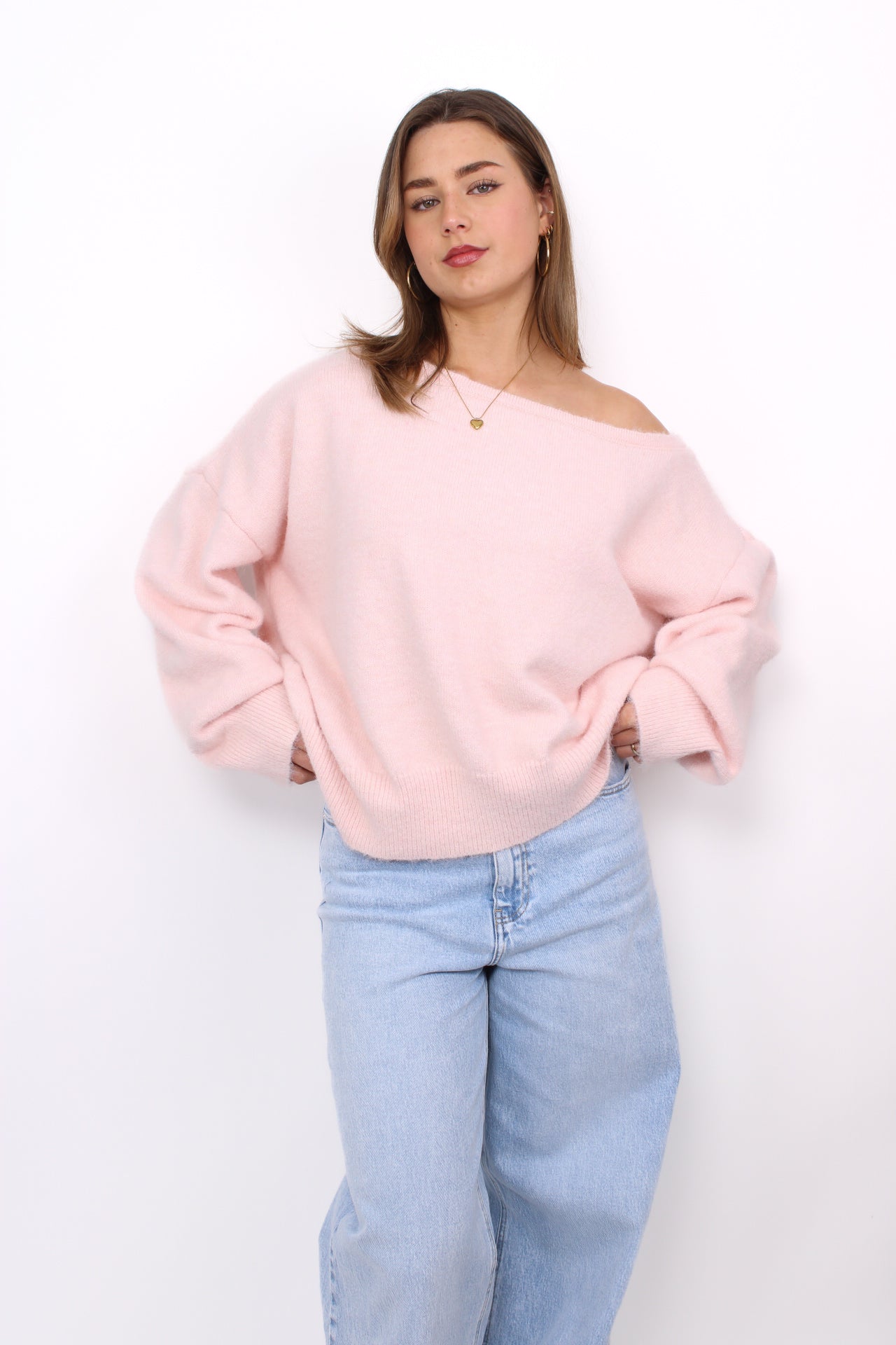 FLUFFY OFF SHOULDER SWEATER - LIGHT PINK