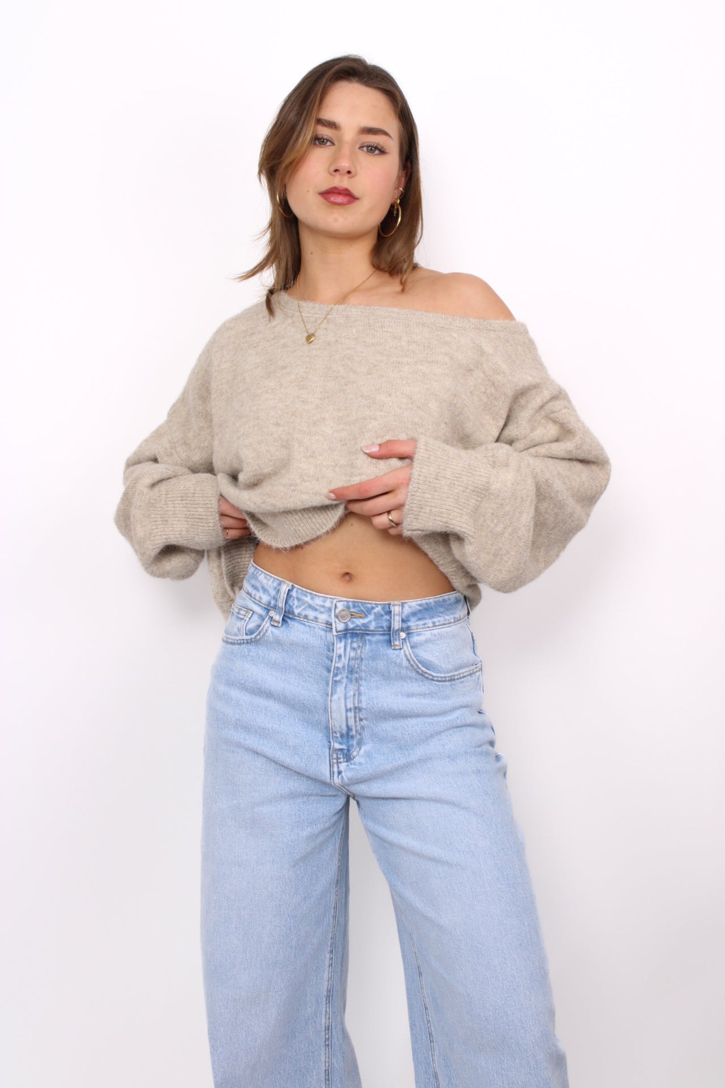 FLUFFY OFF SHOULDER SWEATER - TAUPE