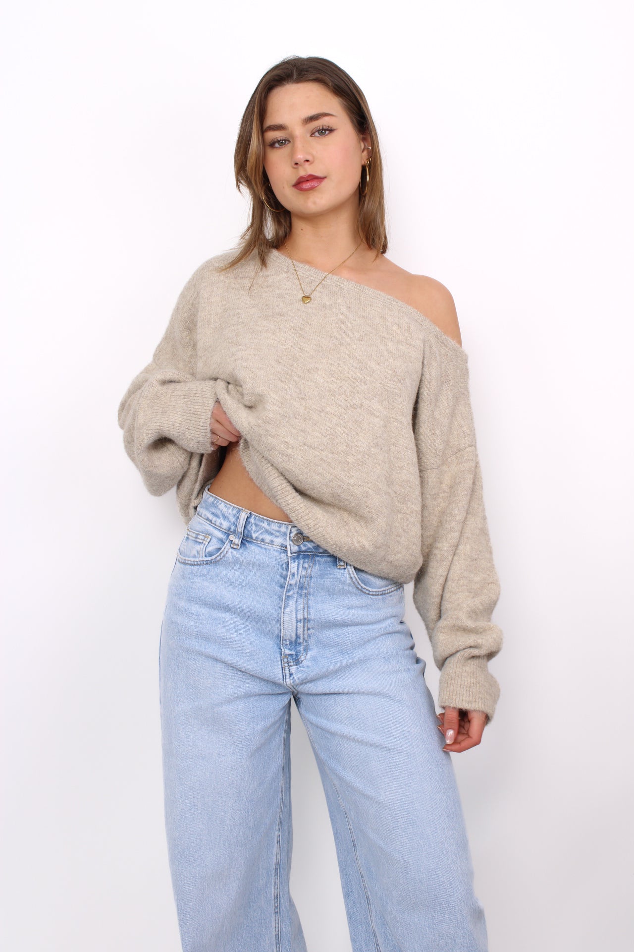 FLUFFY OFF SHOULDER SWEATER - TAUPE