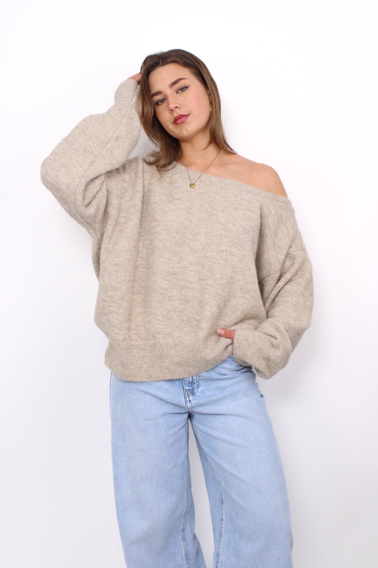 FLUFFY OFF SHOULDER SWEATER - TAUPE