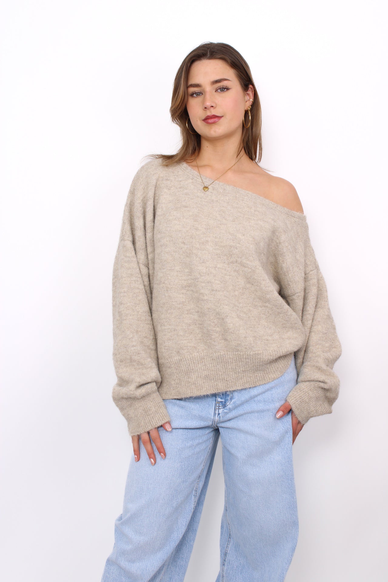 FLUFFY OFF SHOULDER SWEATER - TAUPE