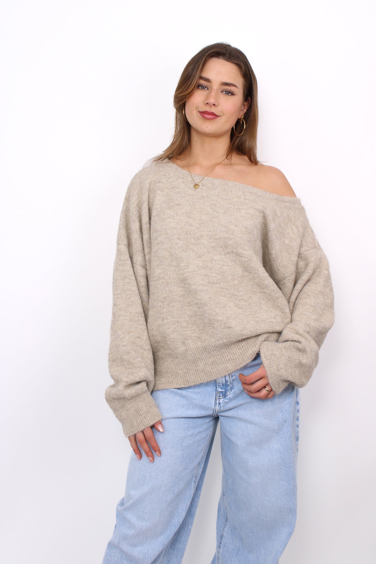 FLUFFY OFF SHOULDER SWEATER - TAUPE