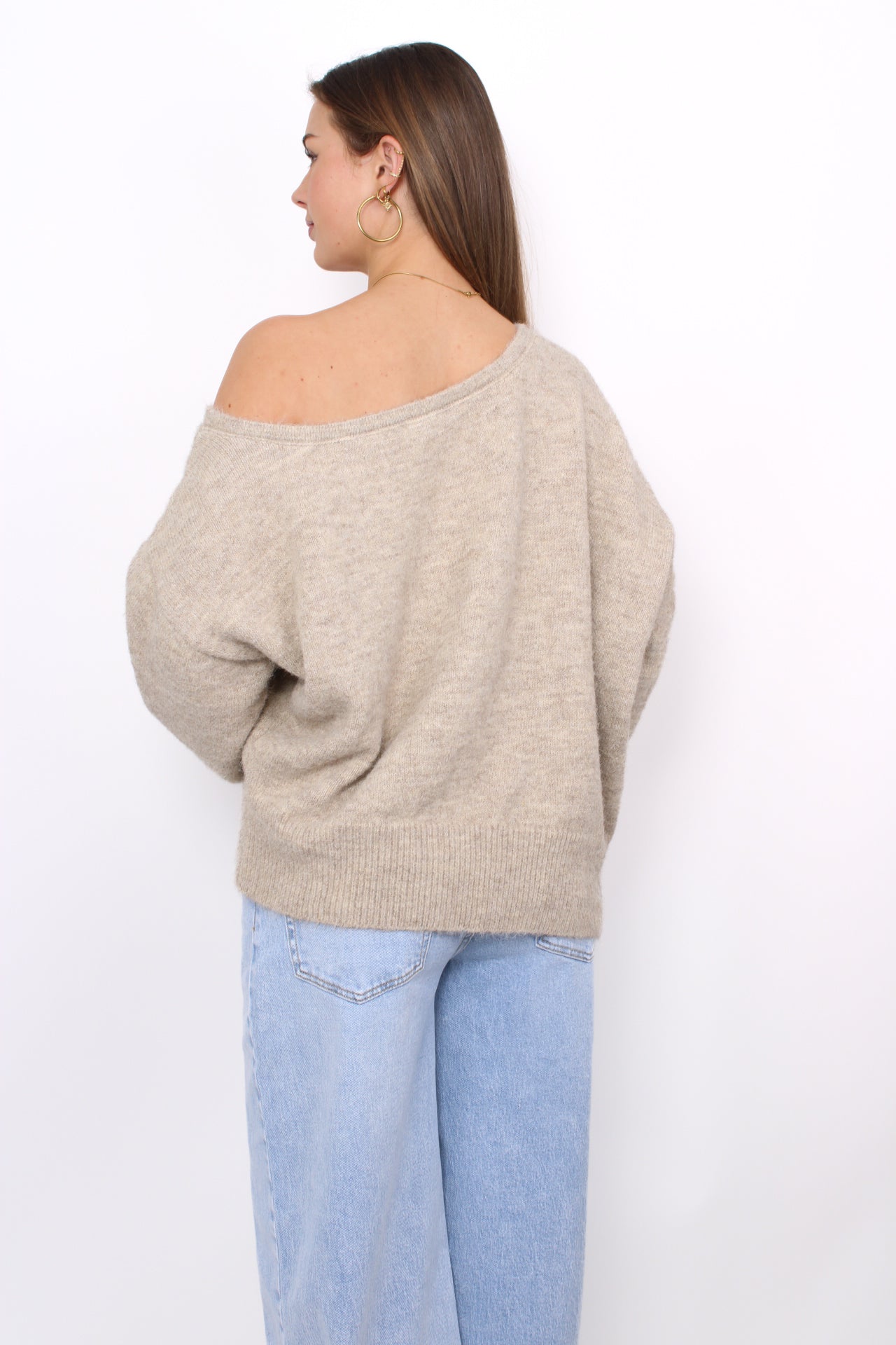 FLUFFY OFF SHOULDER SWEATER - TAUPE
