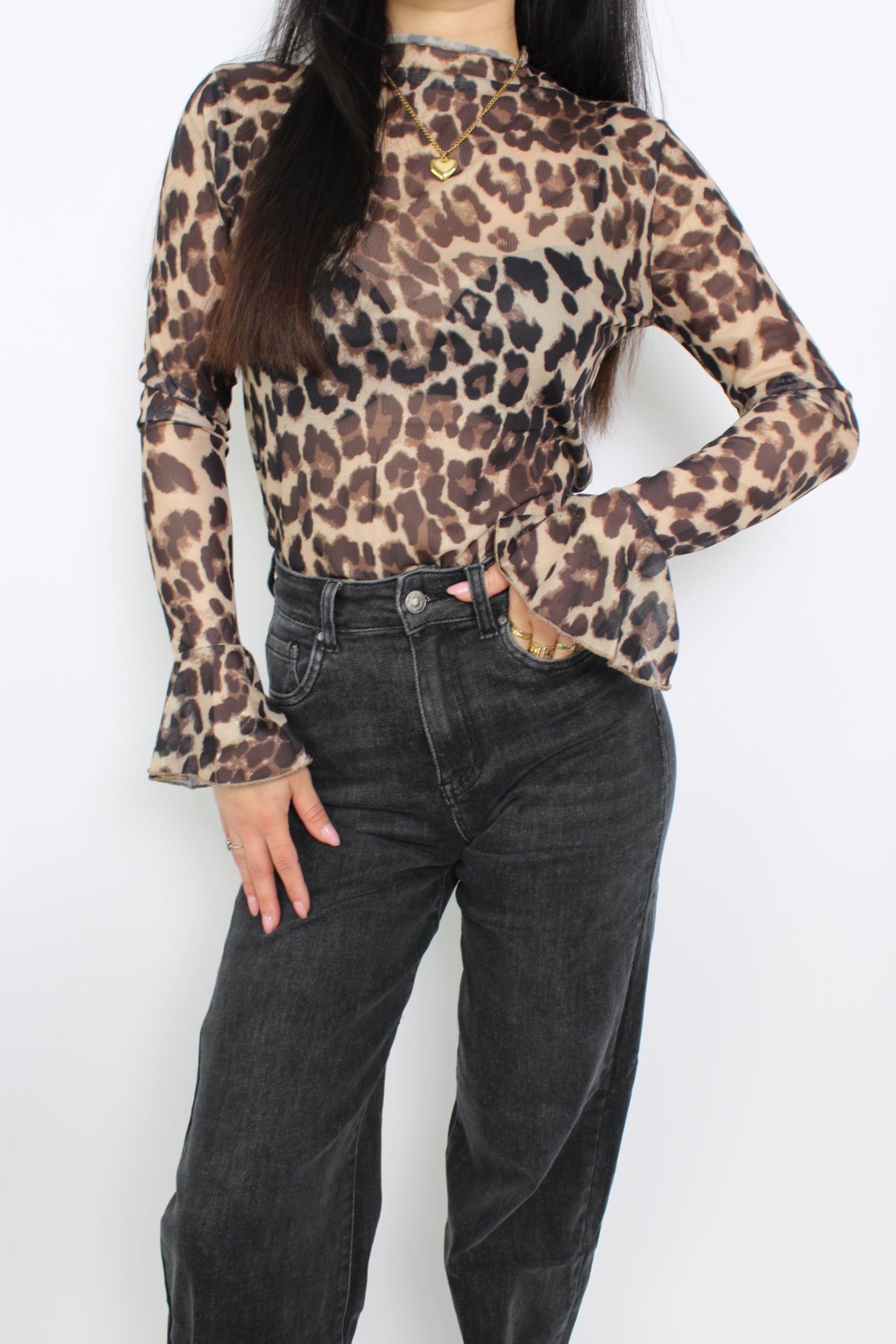 LEOPARD MESH TOP - LIGHT BROWN