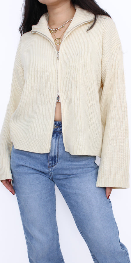 FLARED SLEEVE ZIPPER SWEATER - ECRU
