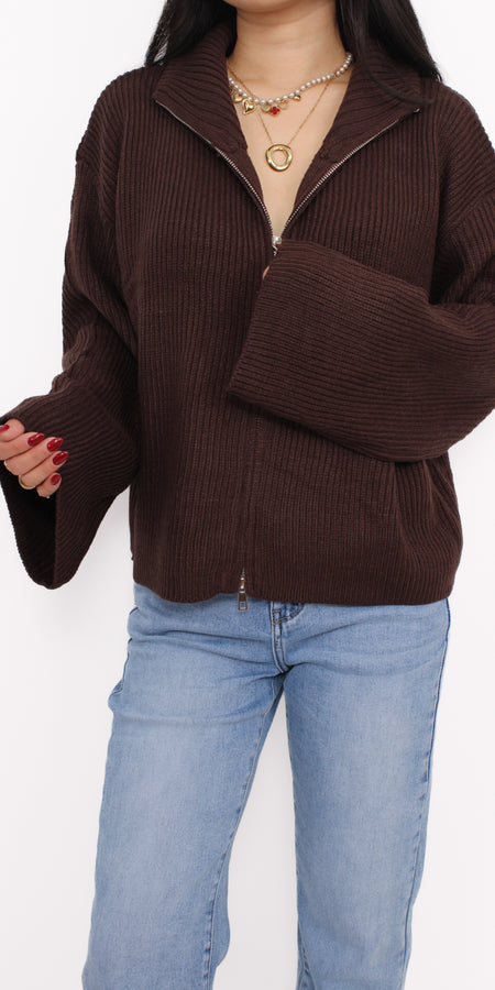 FLARED SLEEVE ZIPPER SWEATER - BROWN