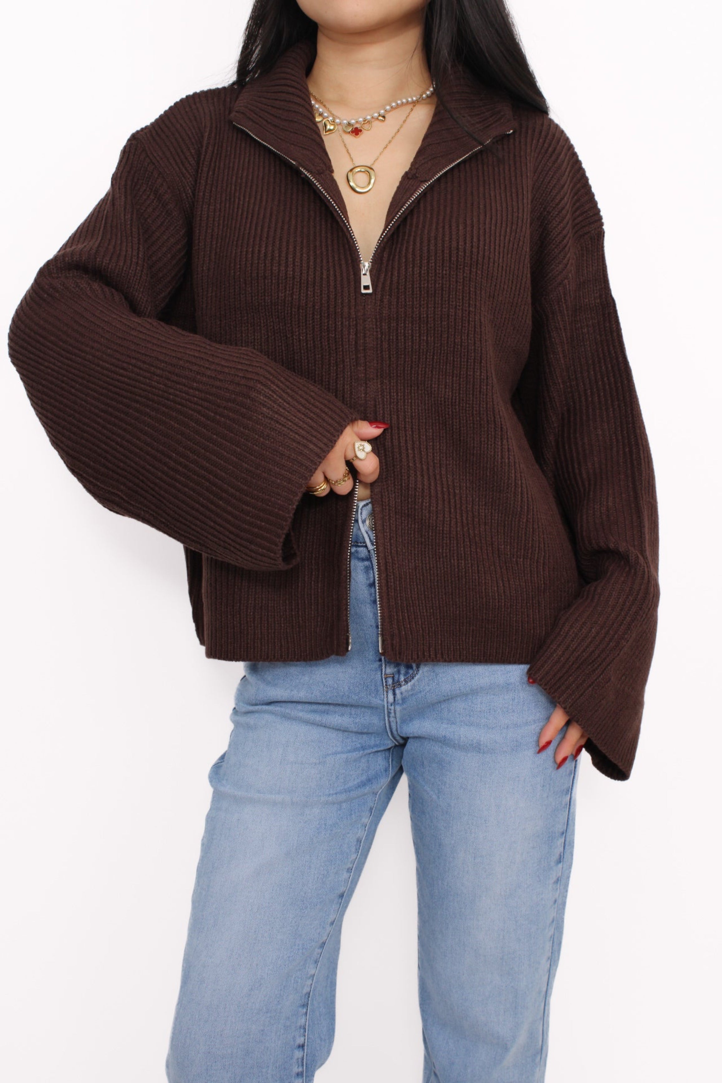 FLARED SLEEVE ZIPPER SWEATER - BROWN