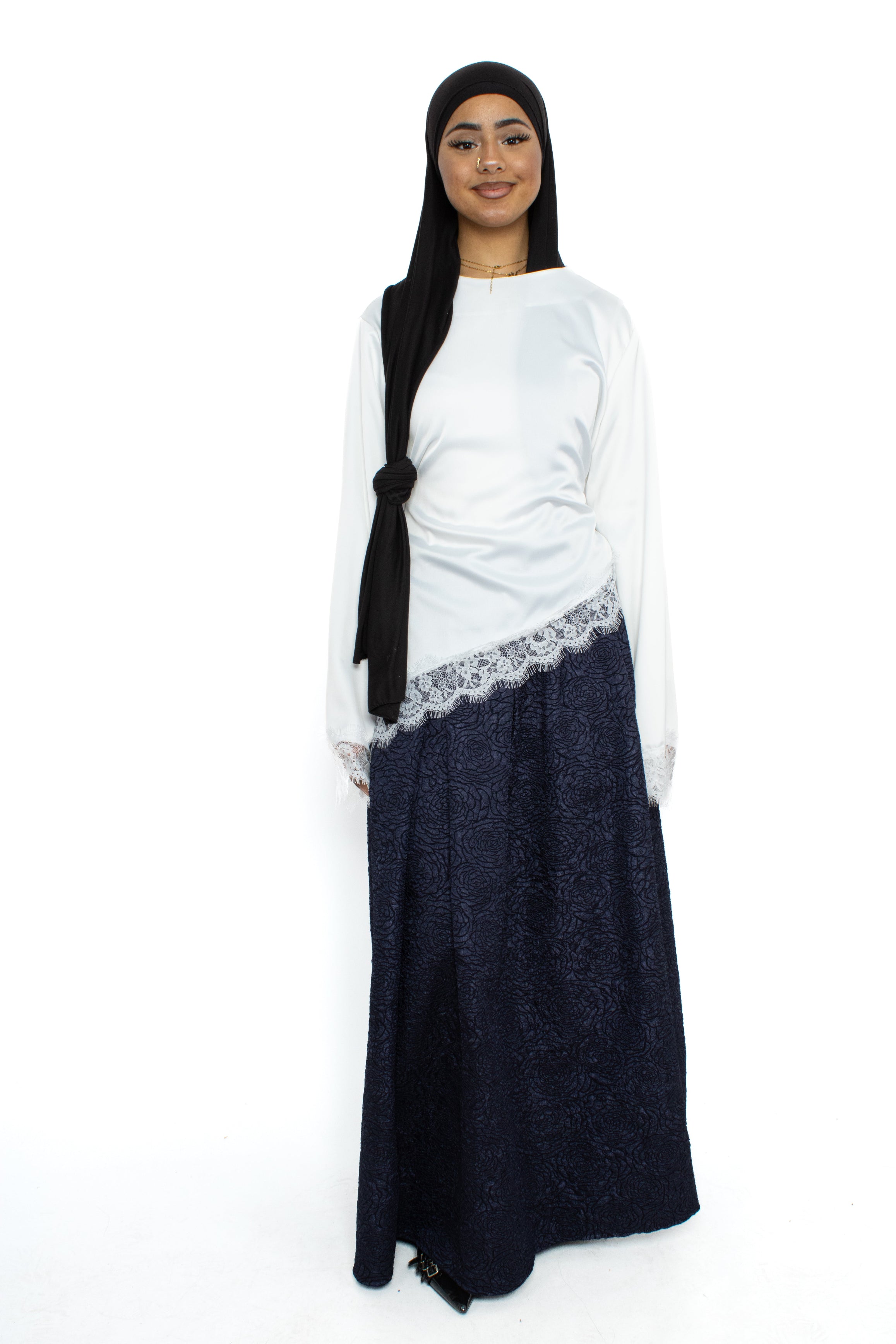 FLORAL JACQUARD SKIRT - NAVY