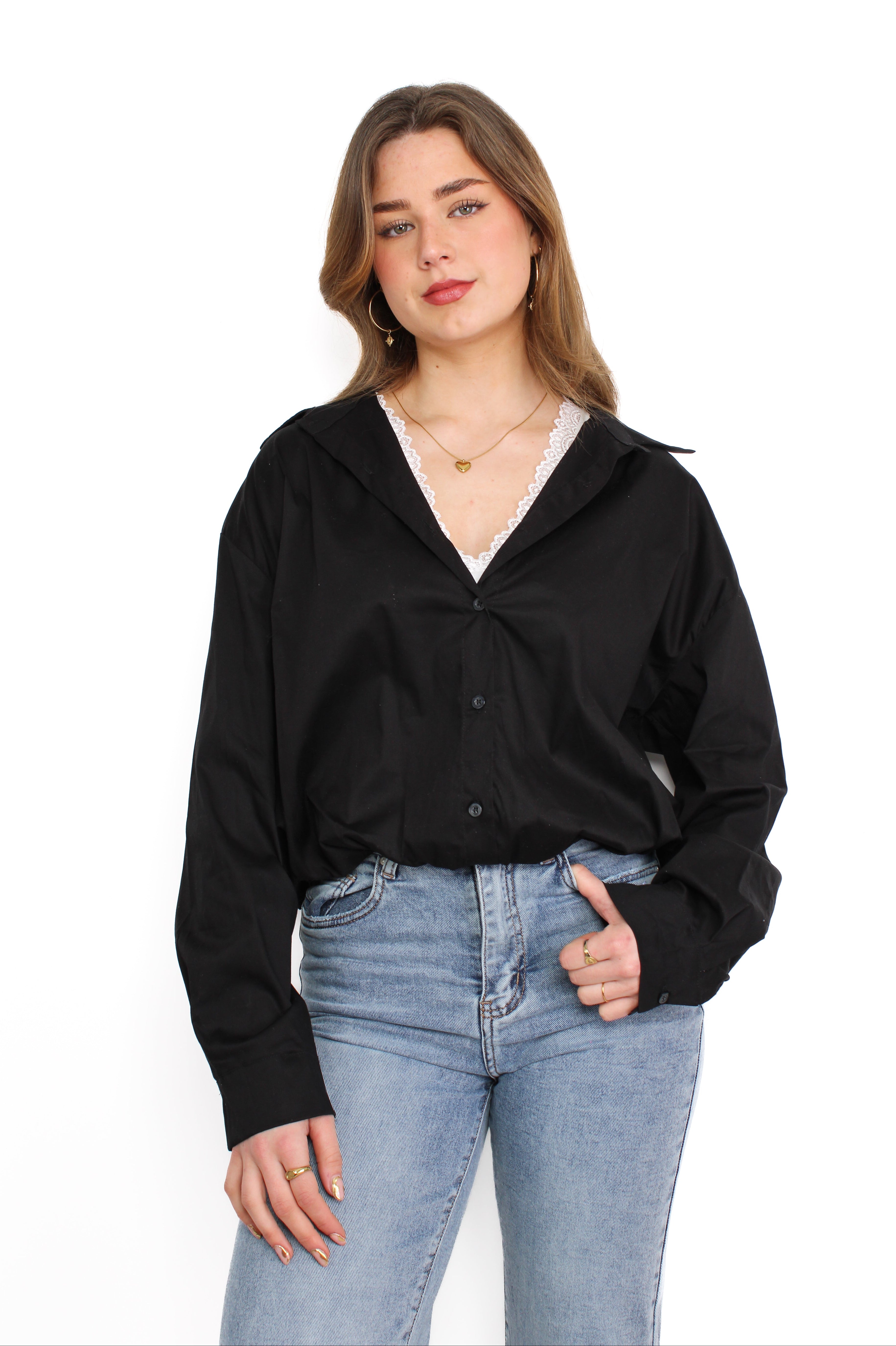 LAYERED LACE BLOUSE - BLACK