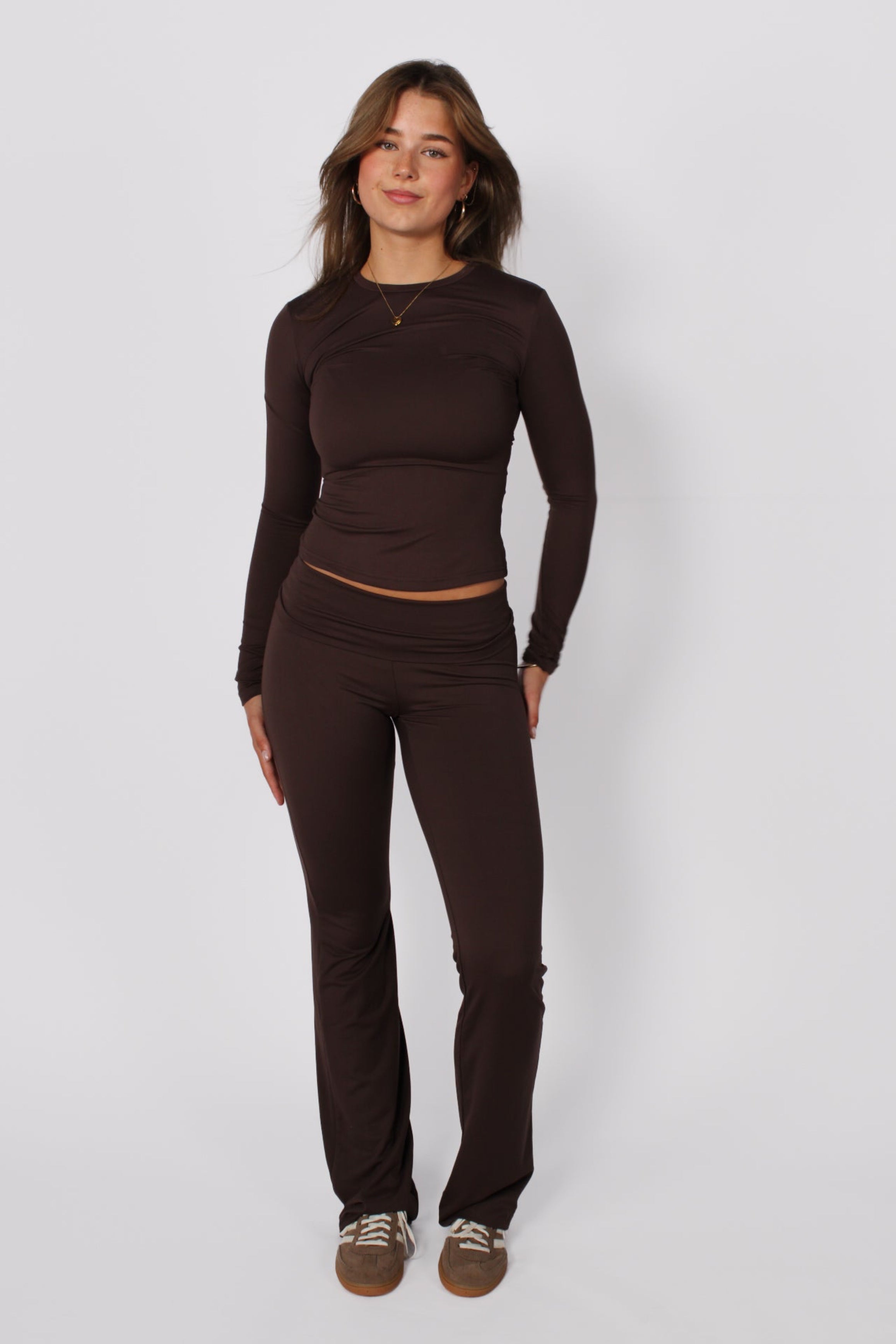 FOLD OVER FLARED PANTS - BROWN