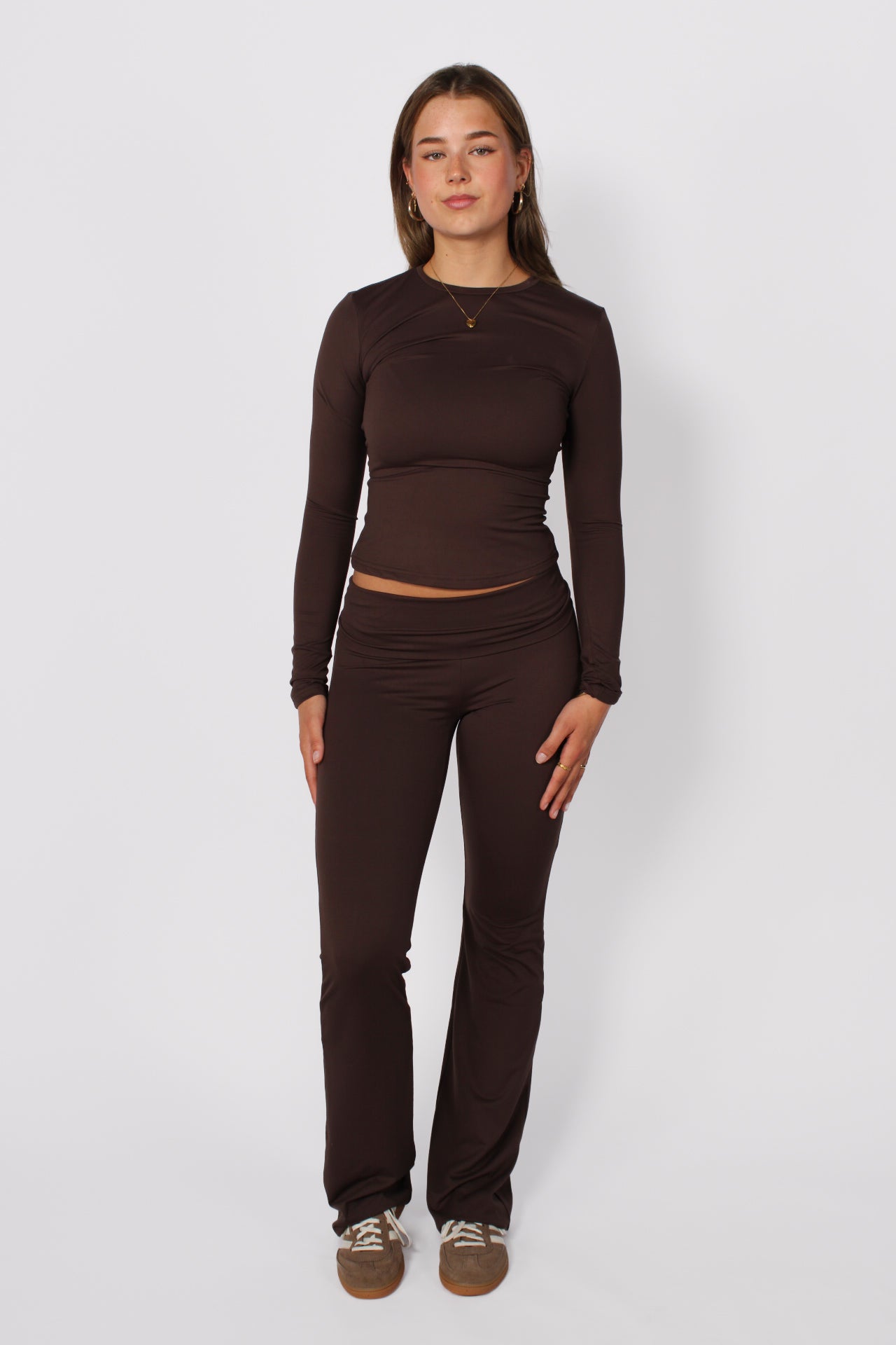 FOLD OVER FLARED PANTS - BROWN