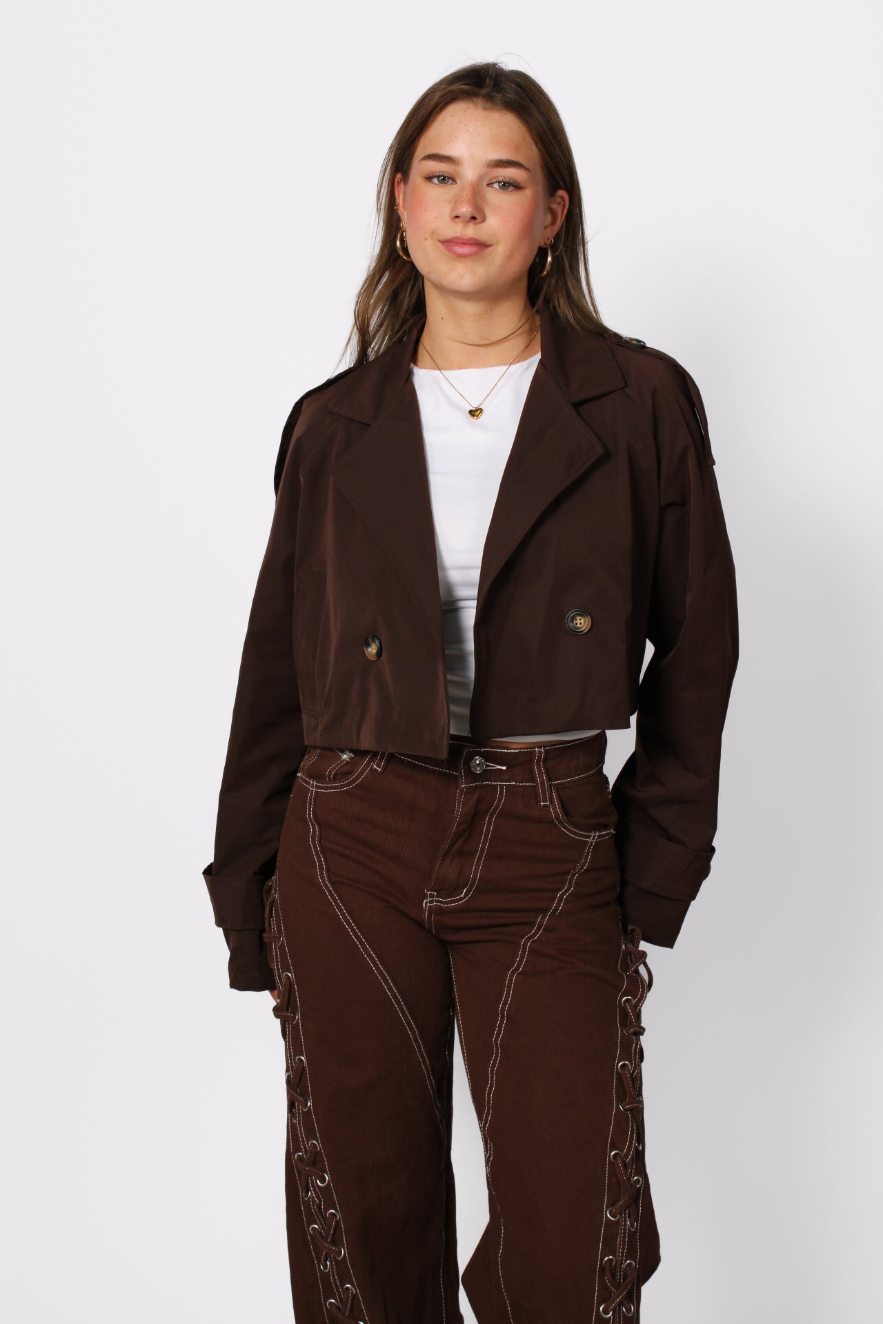 RILEY CROPPED TRENCHCOAT - BROWN
