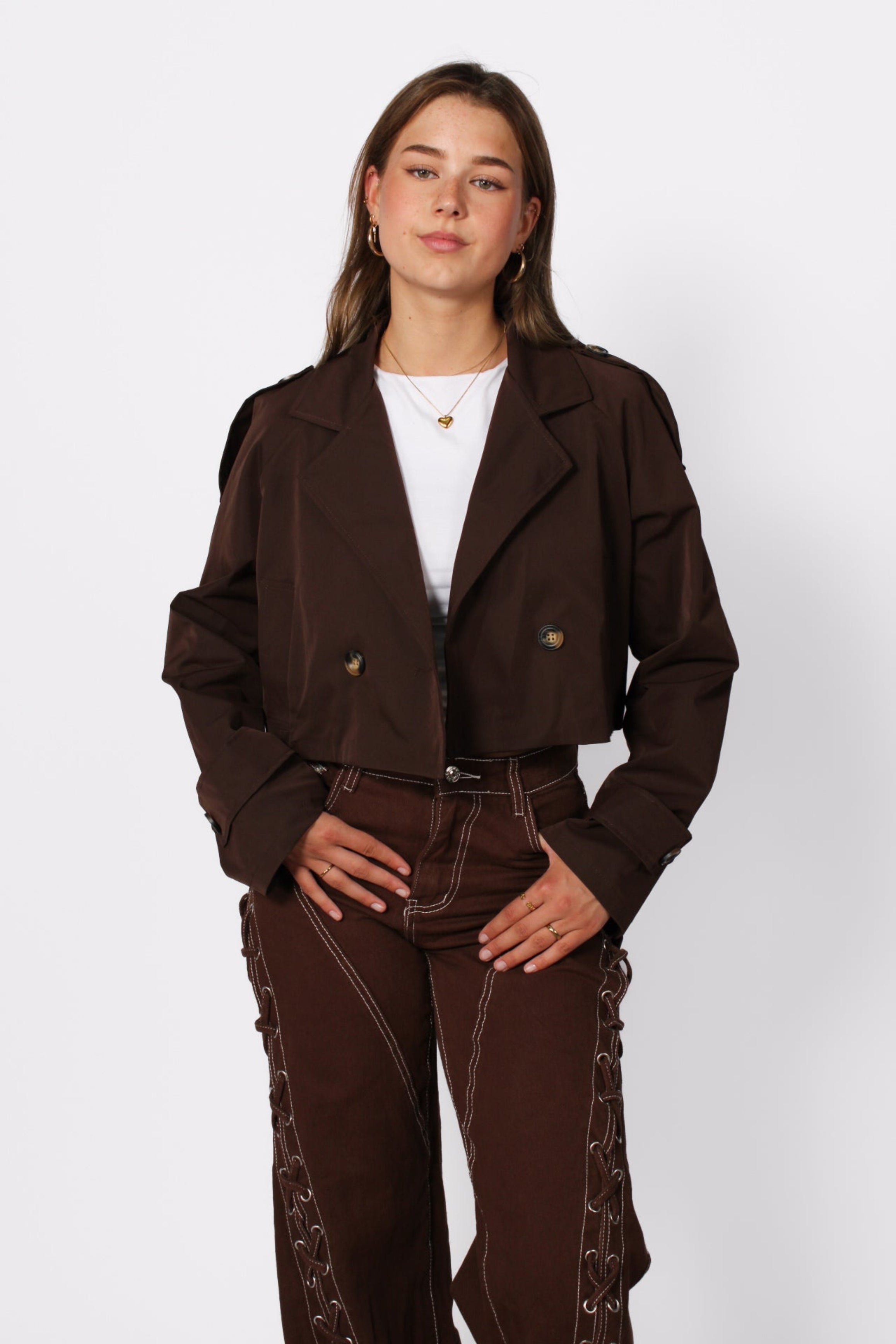 RILEY CROPPED TRENCH COAT - BROWN