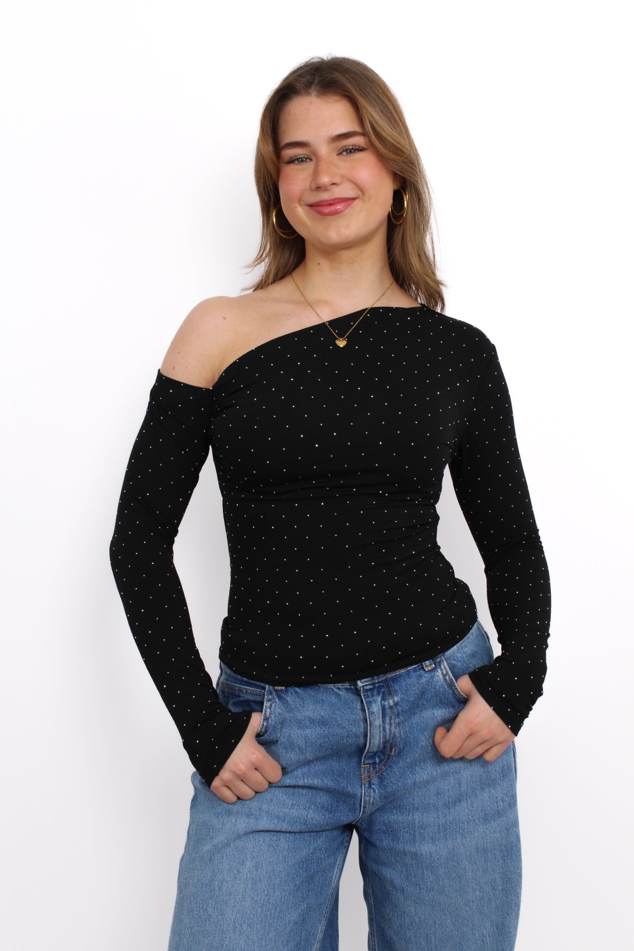 ASYMMETRIC RHINESTONE TOP - BLACK