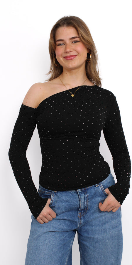 ASYMMETRIC RHINESTONE TOP - BLACK