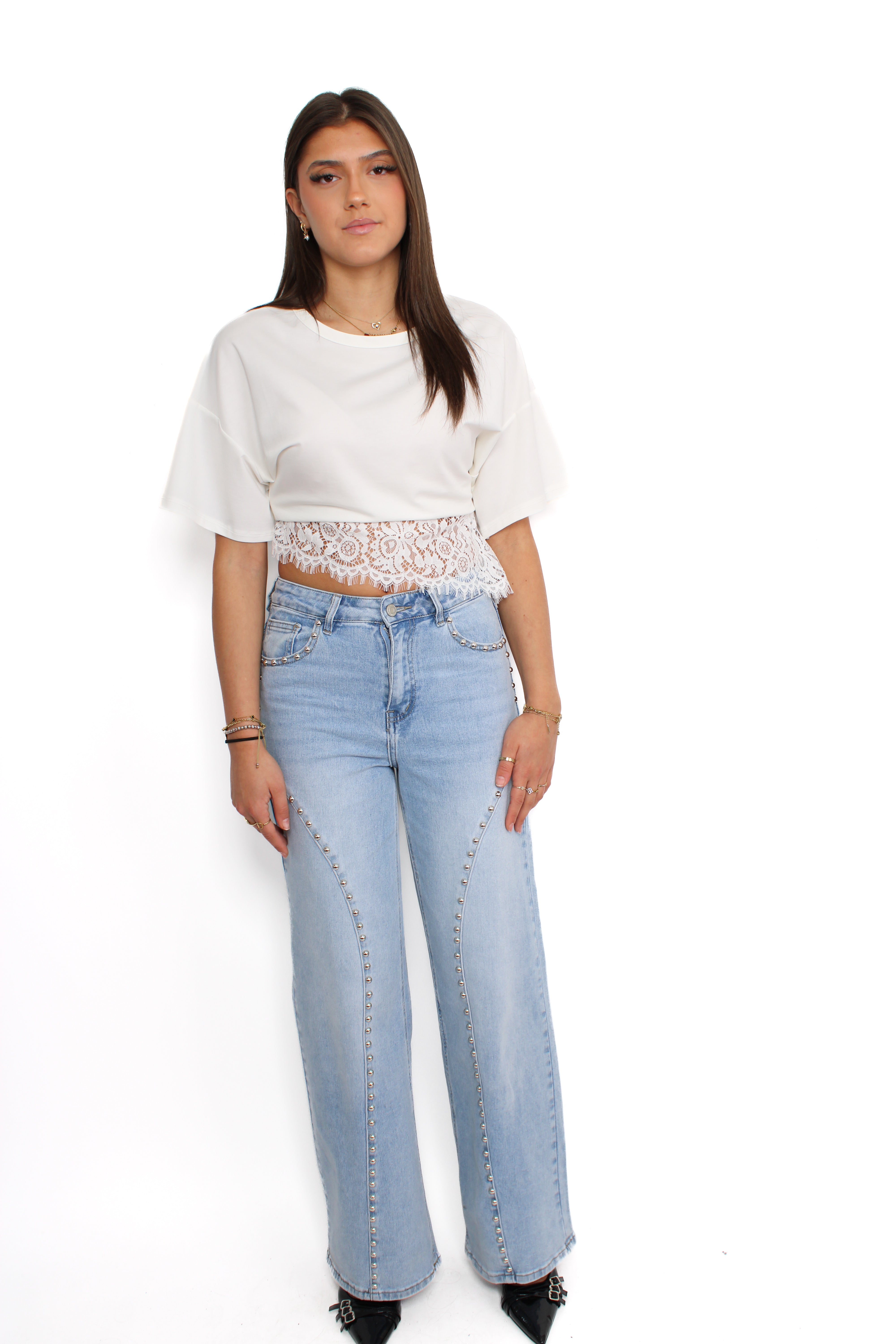 WIDE LEG STUD JEANS 9198 - DENIM