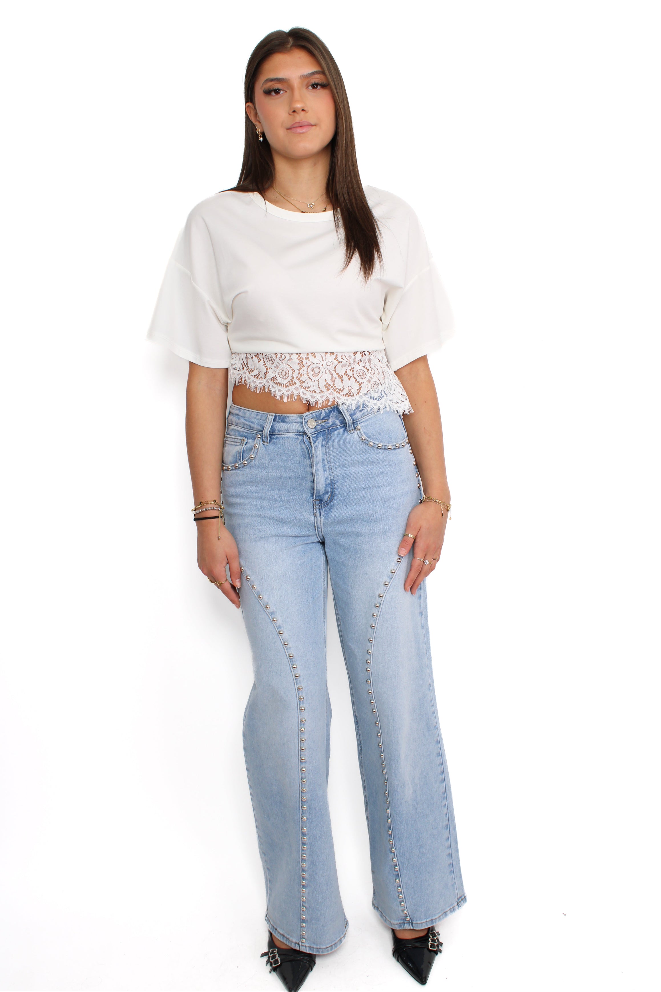 WIDE LEG STUD JEANS 9198 - DENIM