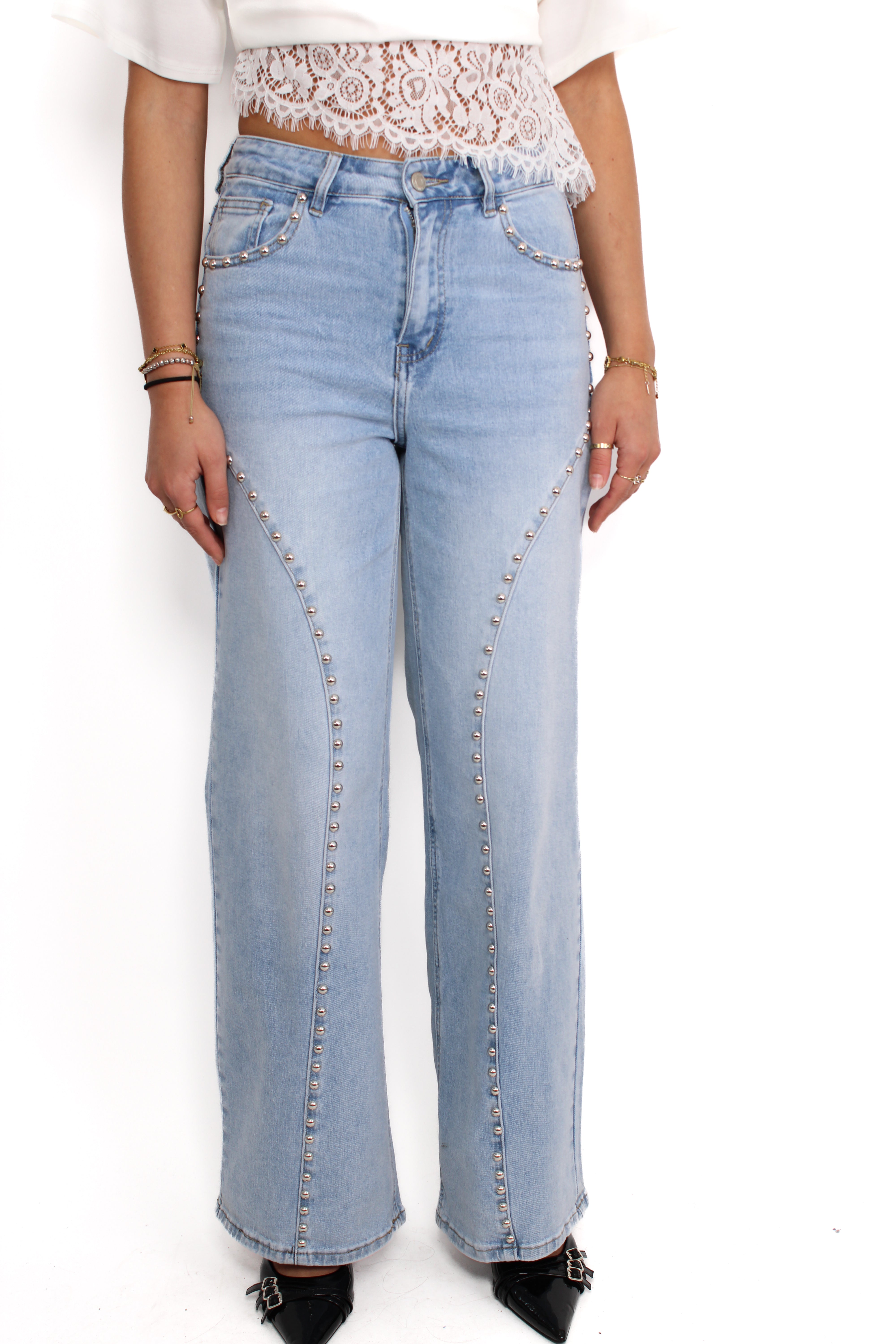 WIDE LEG STUD JEANS 9198 - DENIM