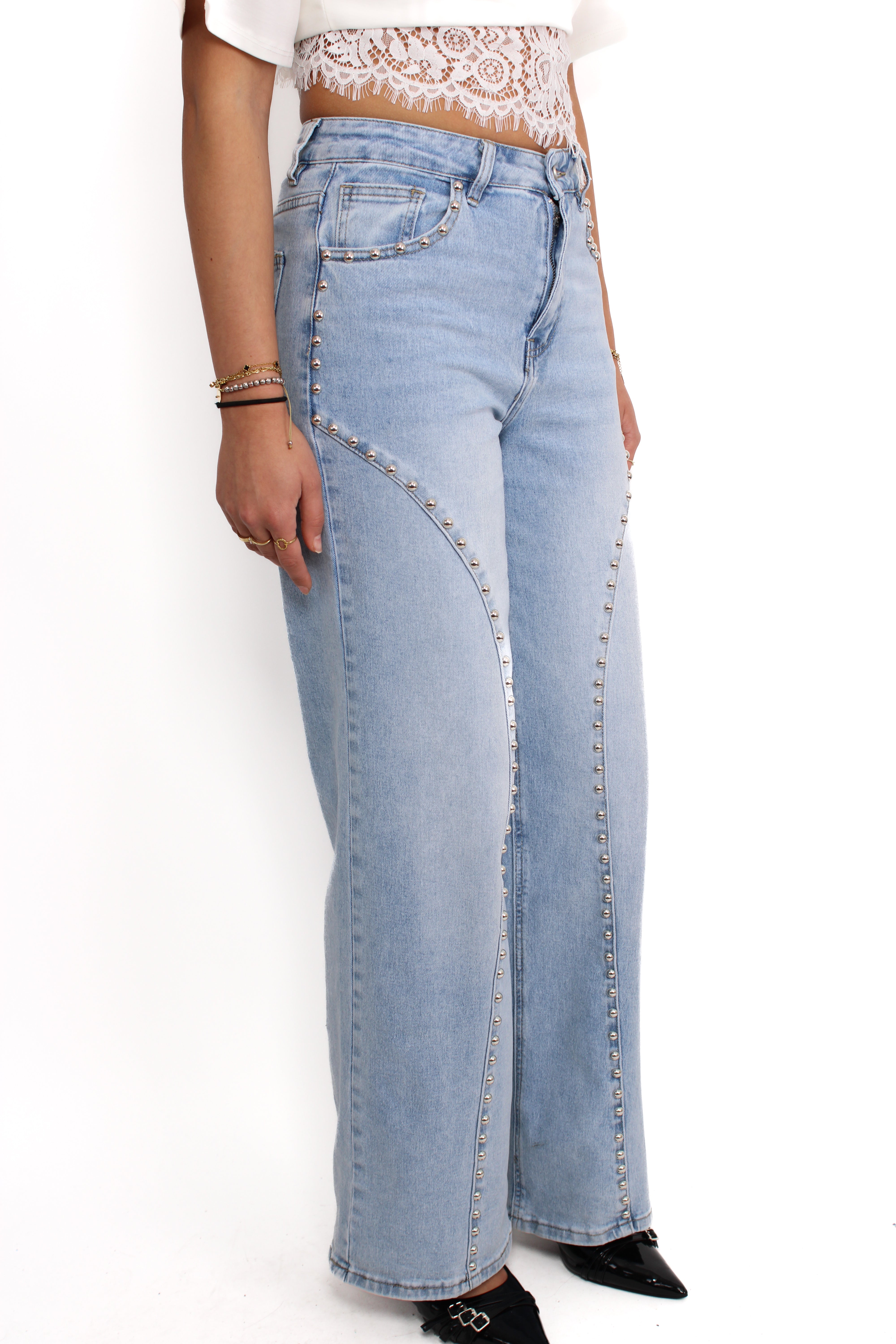 WIDE LEG STUD JEANS 9198 - DENIM