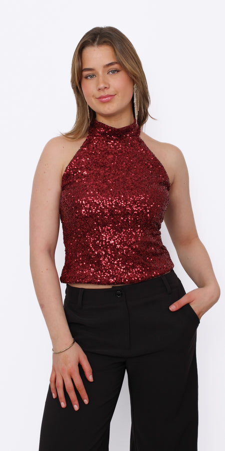 SEQUIN  HALTER TOP - RED
