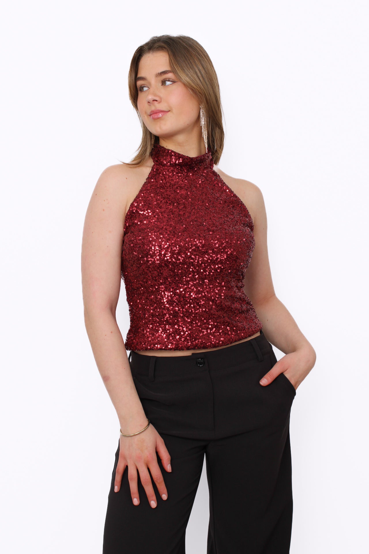 SEQUIN  HALTER TOP - RED