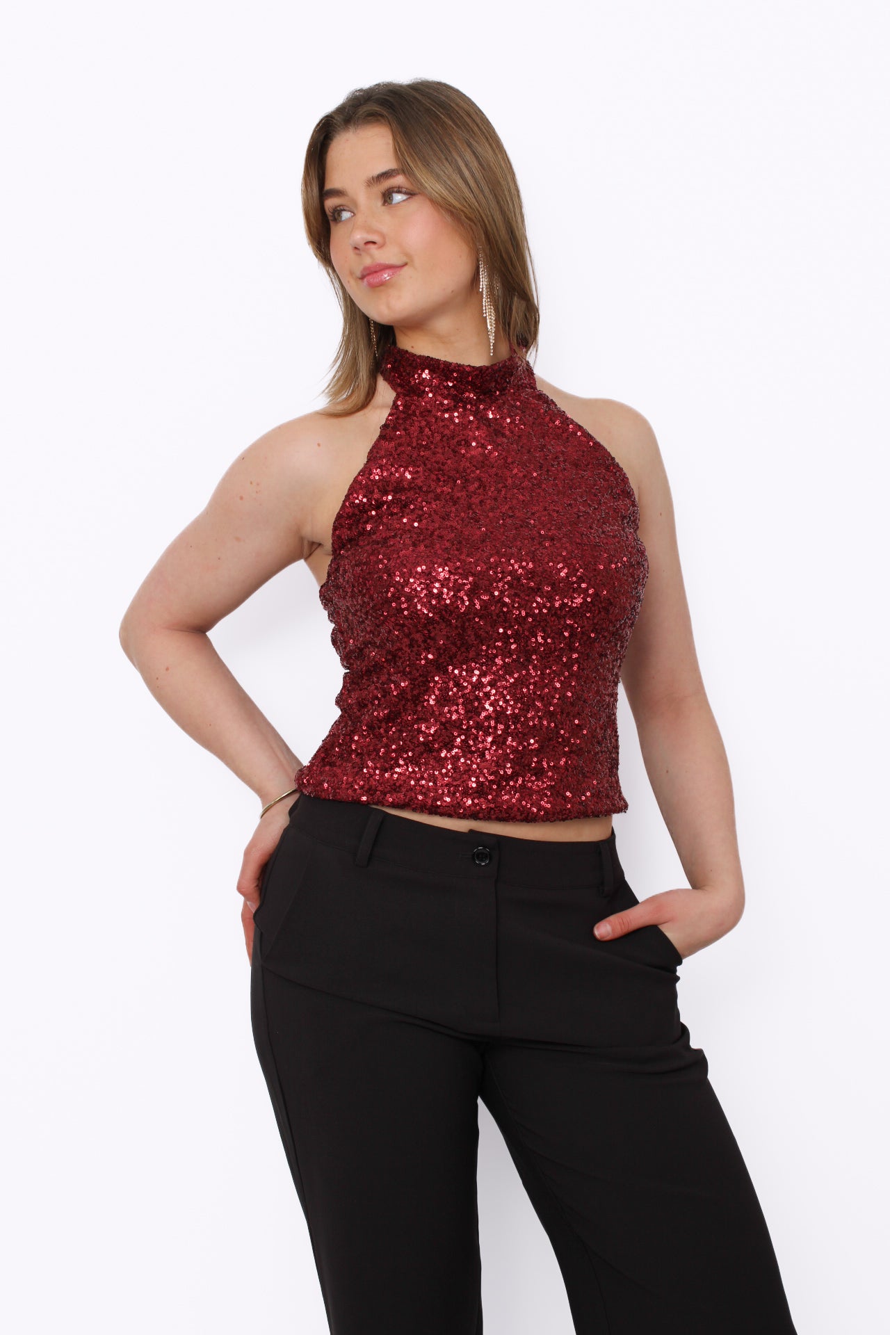 SEQUIN  HALTER TOP - RED