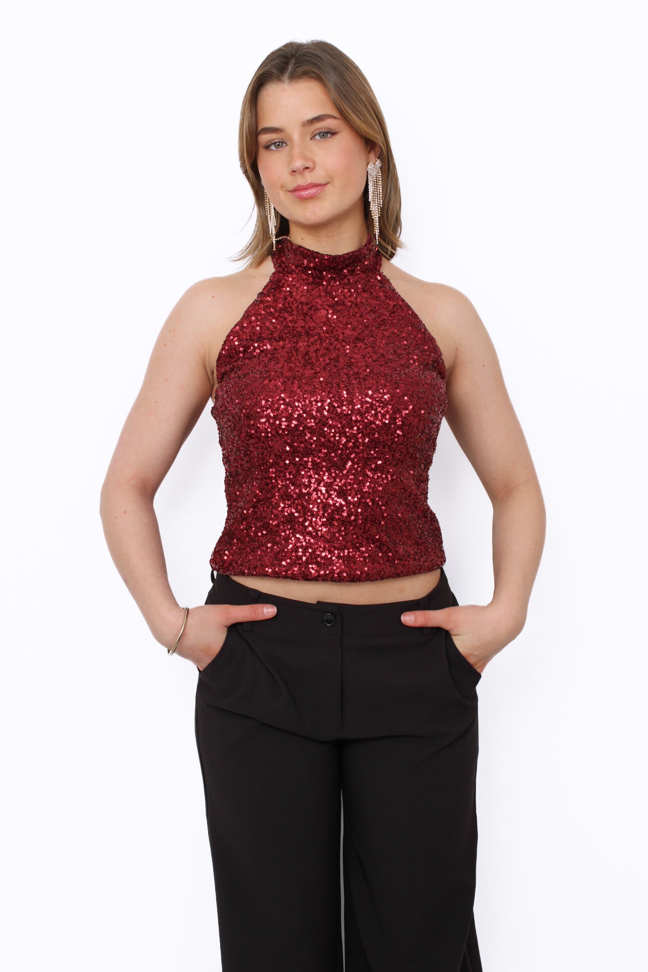 SEQUIN  HALTER TOP - RED