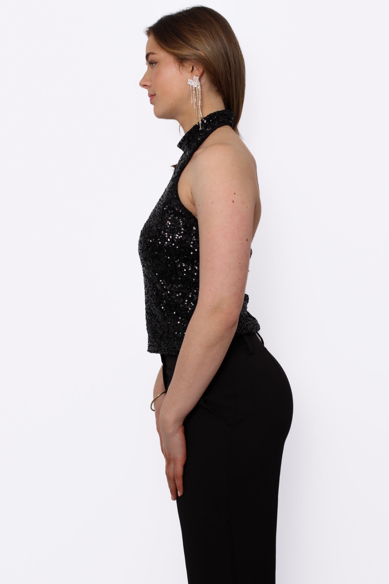 SEQUIN HALTER TOP - BLACK