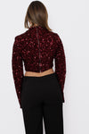 Cropped bordeaux pailletten top met flare mouwen en rugrits
