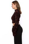 Cropped bruine pailletten top met flare mouwen en rugrits