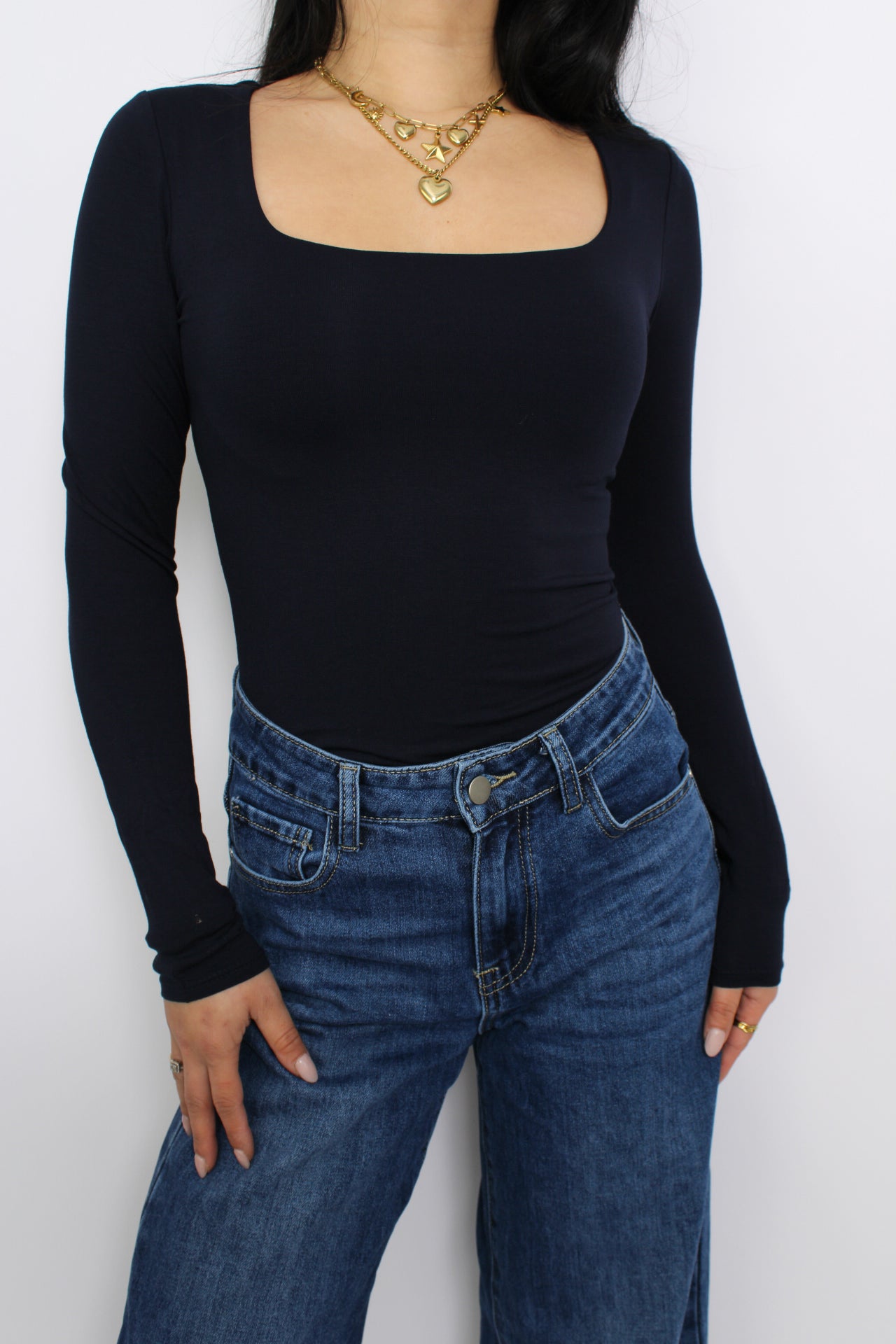 SQUARE LONG SLEEVE TOP - NAVY