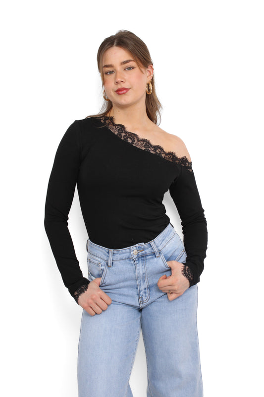 ONE SHOULDER LACE TOP - BLACK