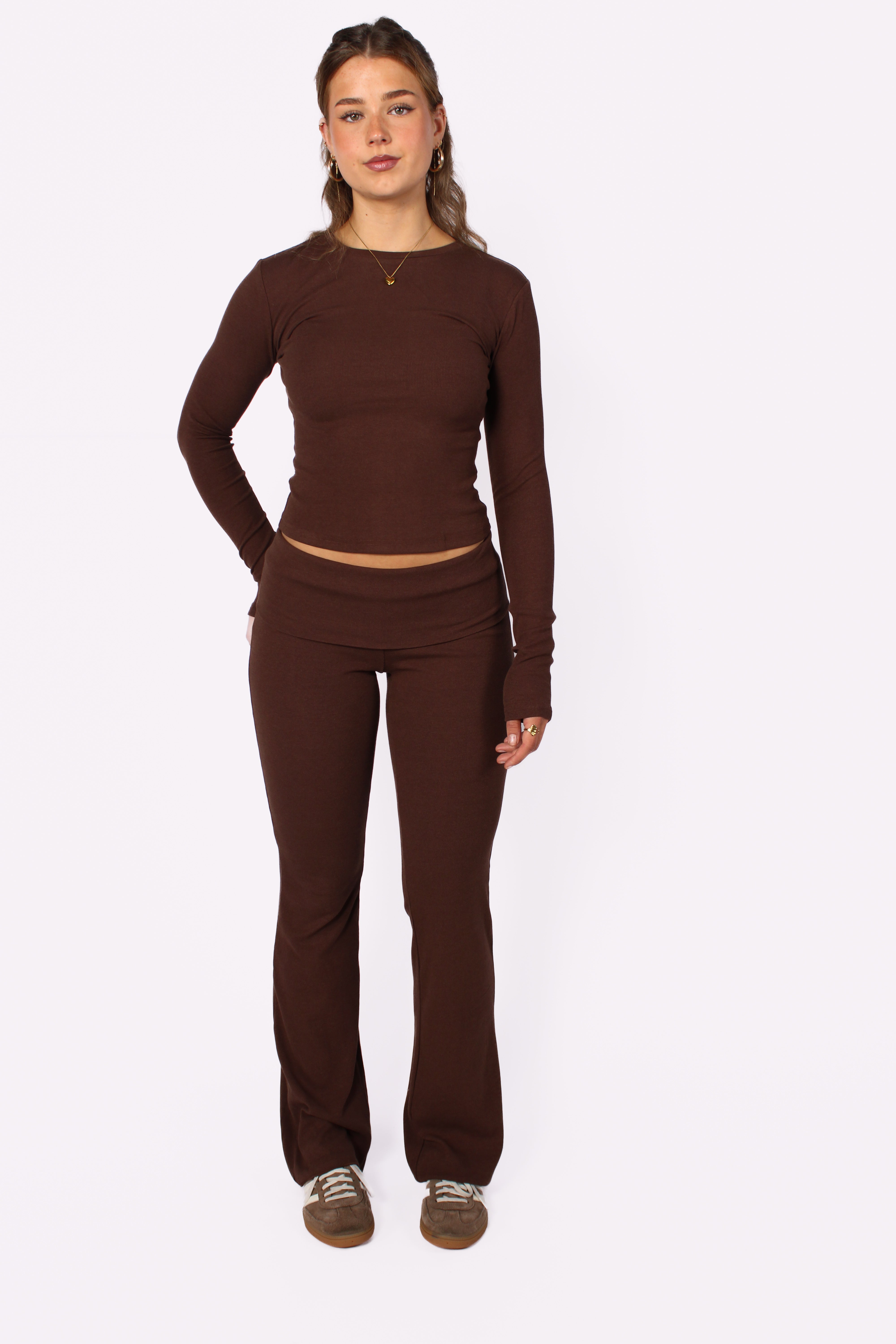 RIBBED FOLD OVER PANTS - BROWN
